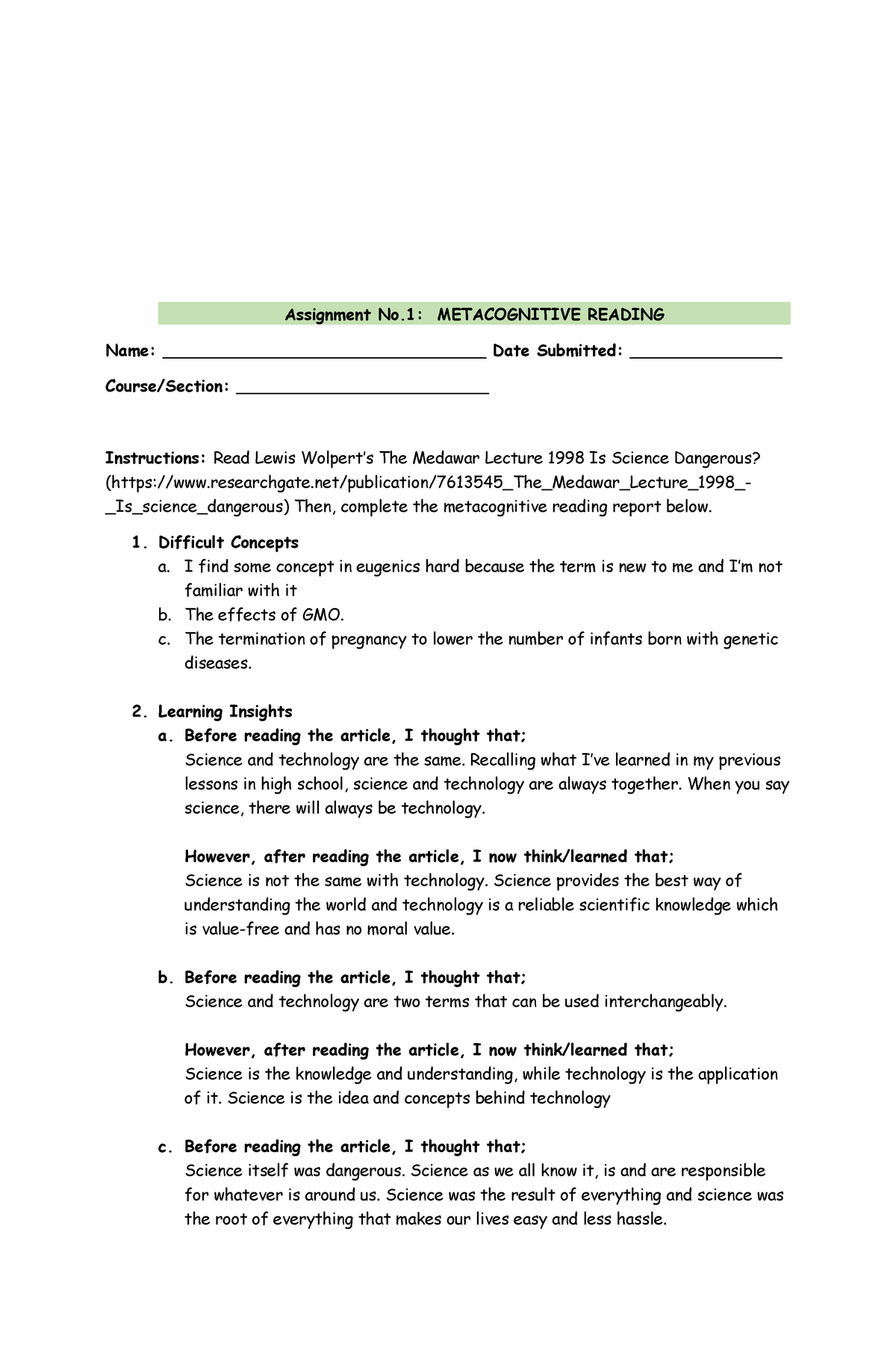 assignment 4 metacognitive reading report sts