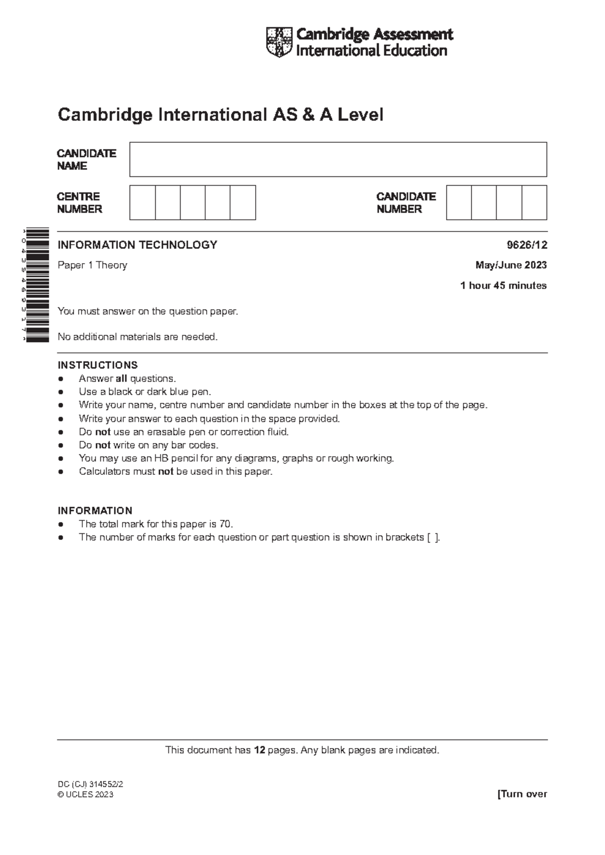 9626 12 QP & MS June 2023 - notes - This document has 12 pages. Any ...