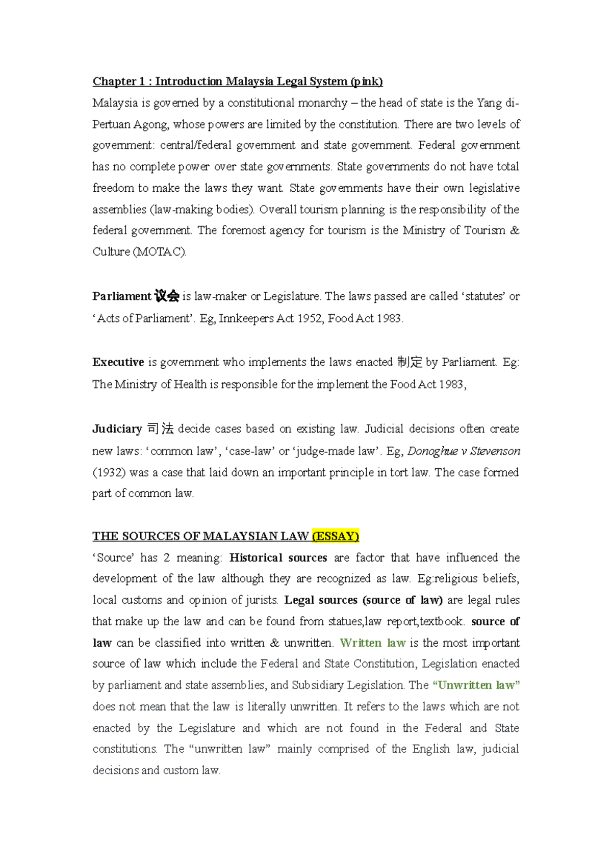 Business Law - Chapter 1 Note - Chapter 1 : Introduction Malaysia Legal ...