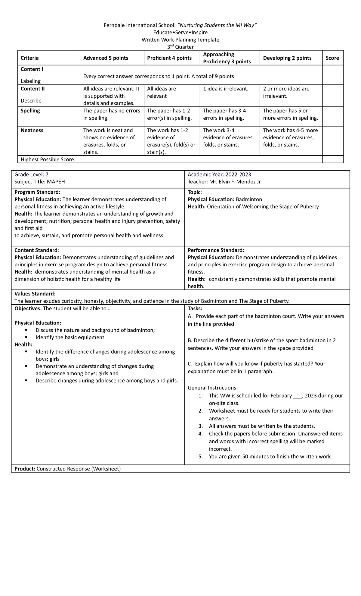 Q3- Mapeh- Written-work- Template - Ferndale International School 