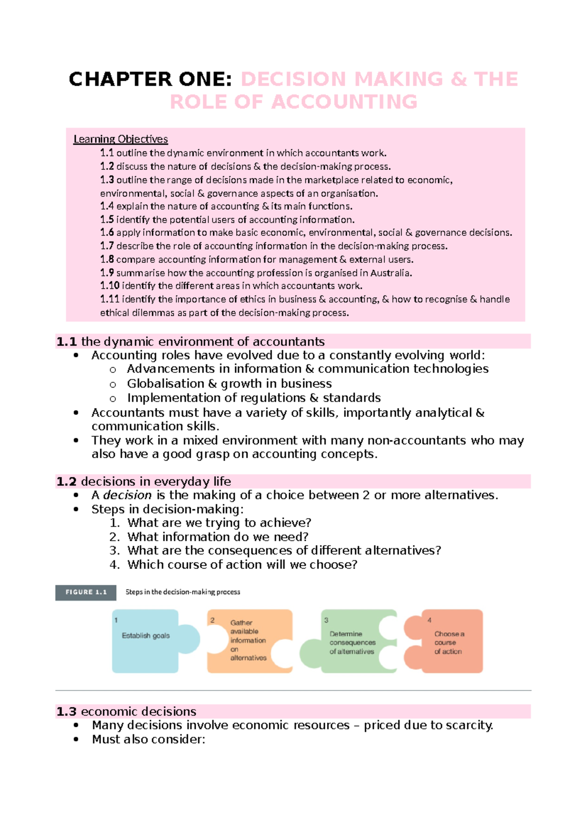 ACCT1101 - Chapter 1 - notes - CHAPTER ONE: DECISION MAKING & THE ROLE ...