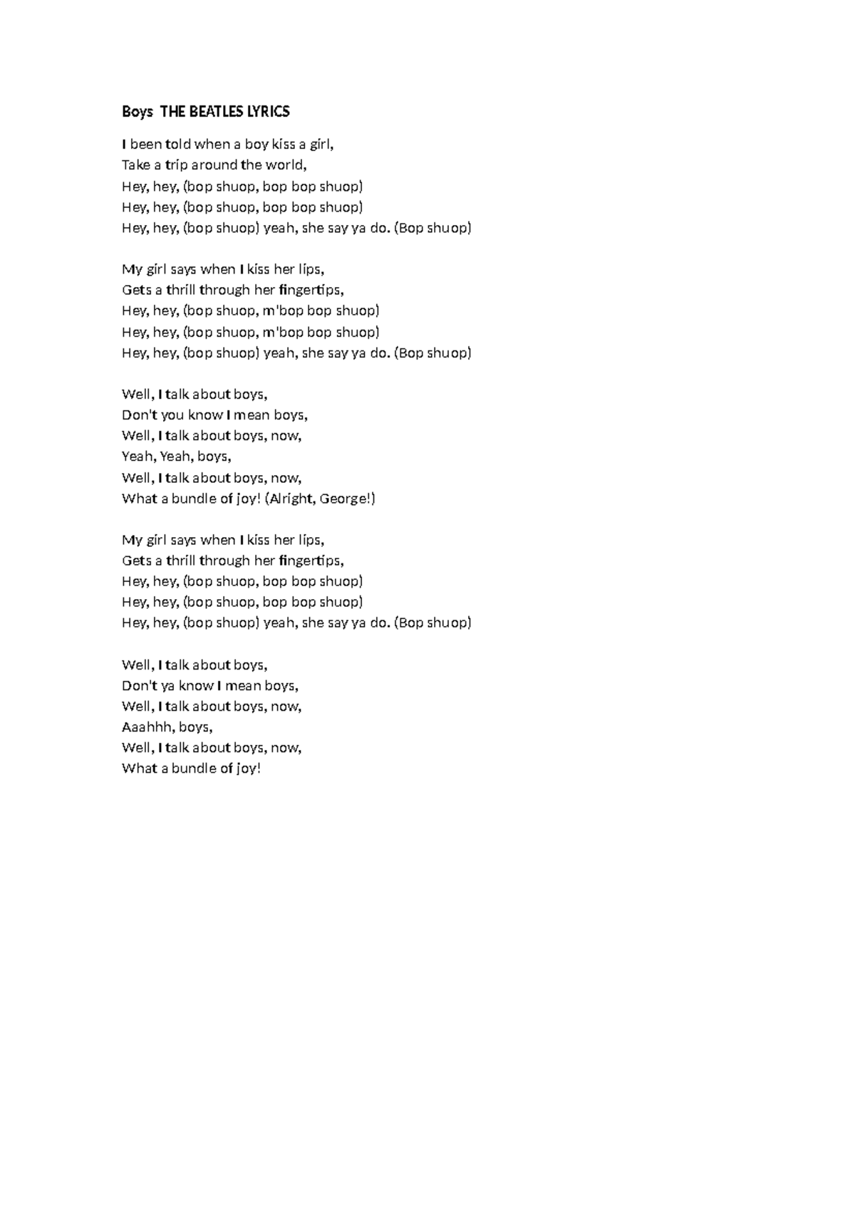 Lyrics Boys - Boys THE BEATLES LYRICS I been told when a boy kiss a ...