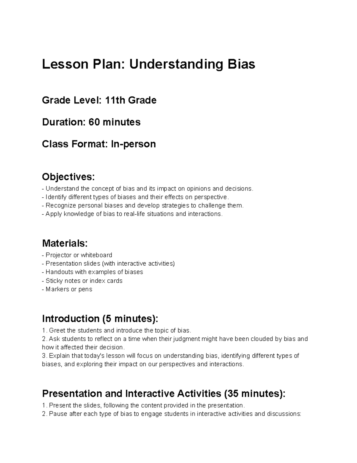 Grade Level 11 - Lesson Plan - Lesson Plan: Understanding Bias Grade ...