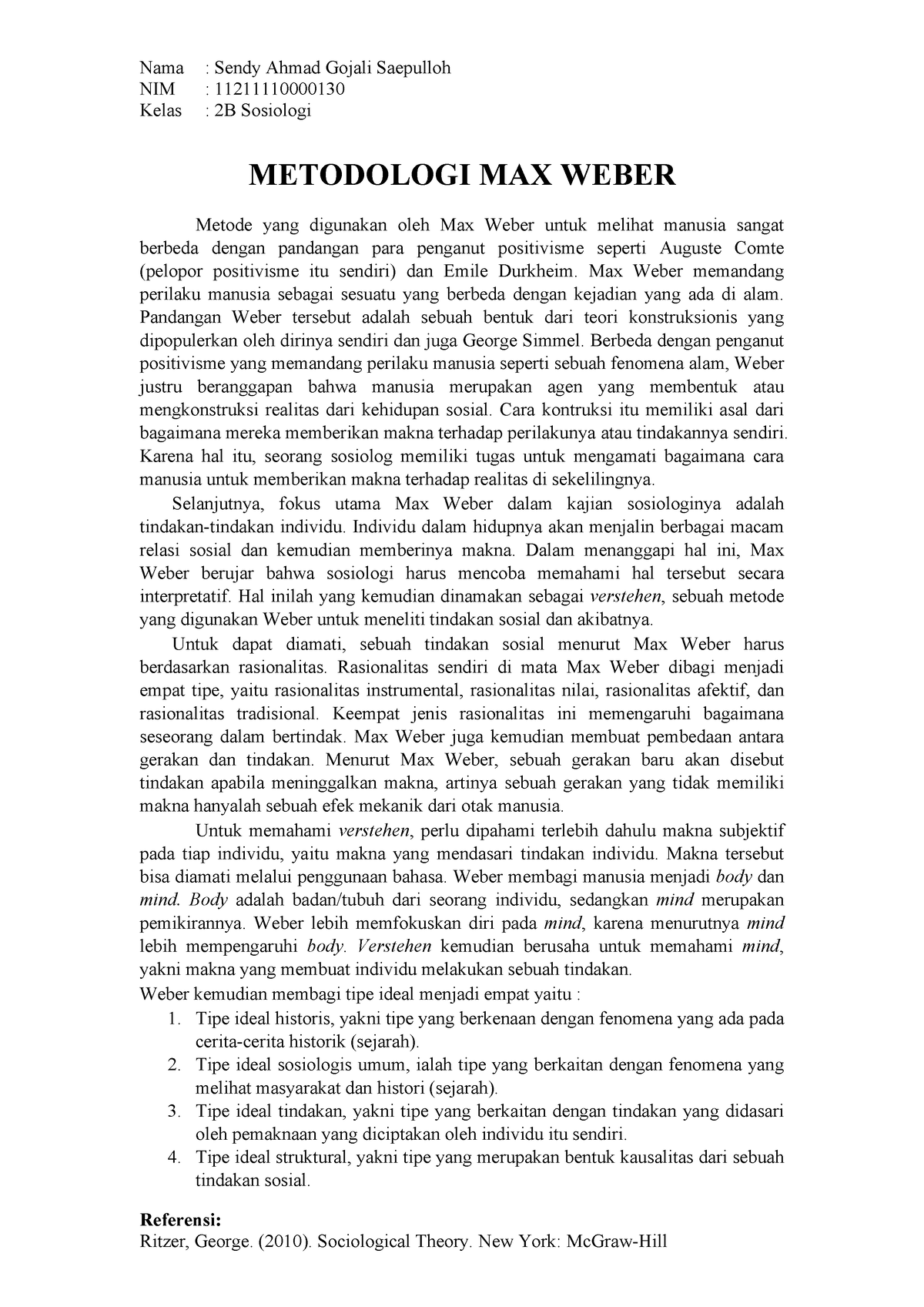 Teori Sosial Klasik - Metodologi Max Weber - Nama : Sendy Ahmad Gojali ...