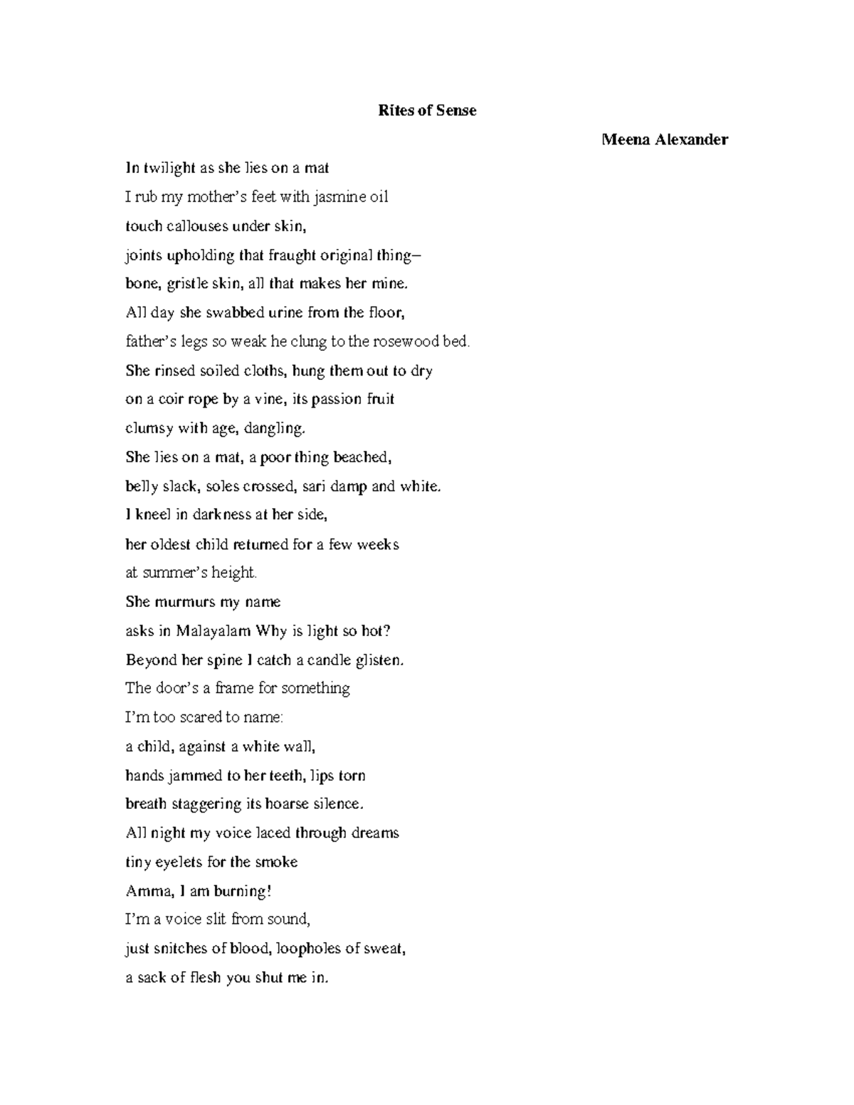 ROS - The pdf of the poem "Rites of Sense" written by Meena Alexander