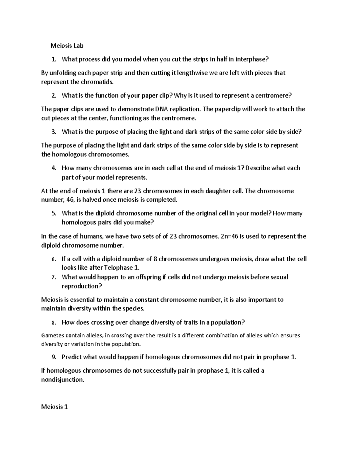 Meiosis Lab What process did you model when you cut the strips in