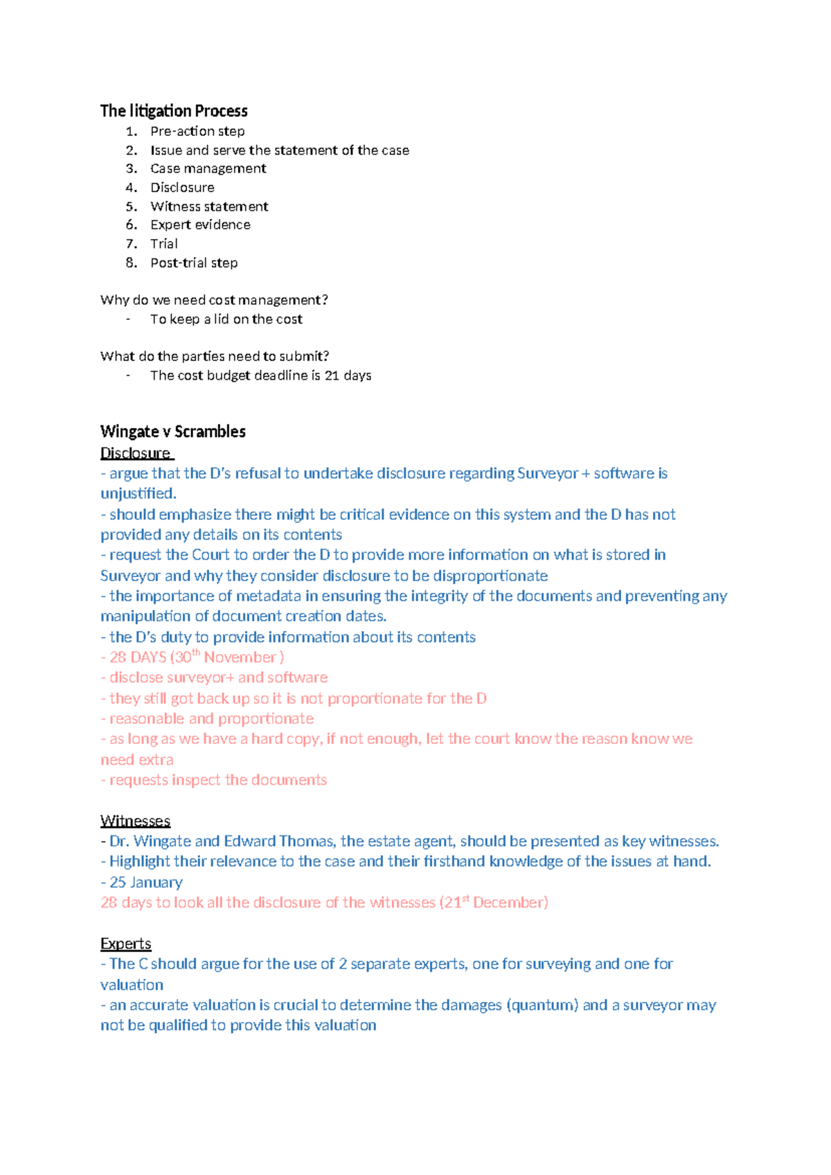 Wingate v Scrambles Notes - The litigation Process 1. Pre-action step 2 ...