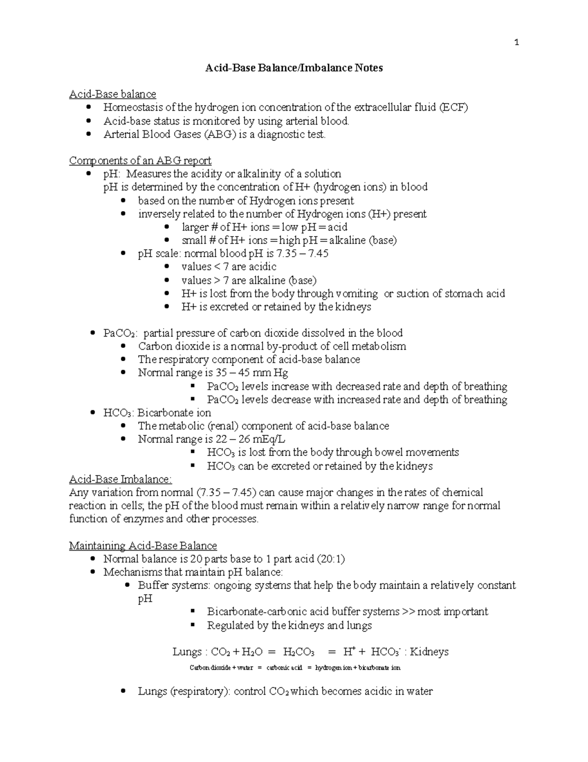 Acid-Base Notes - Acid-Base Balance/Imbalance Notes Acid-Base balance ...