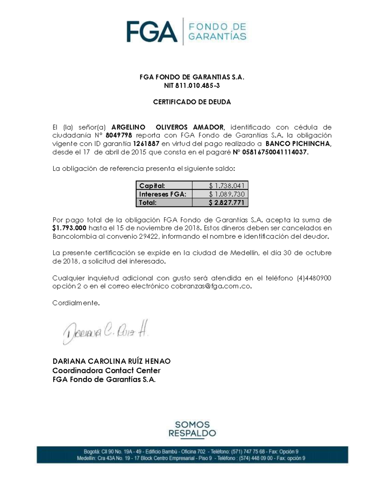 Argelino Oliveros Amador - FGA FONDO DE GARANTIAS S. NIT 811.010 ...