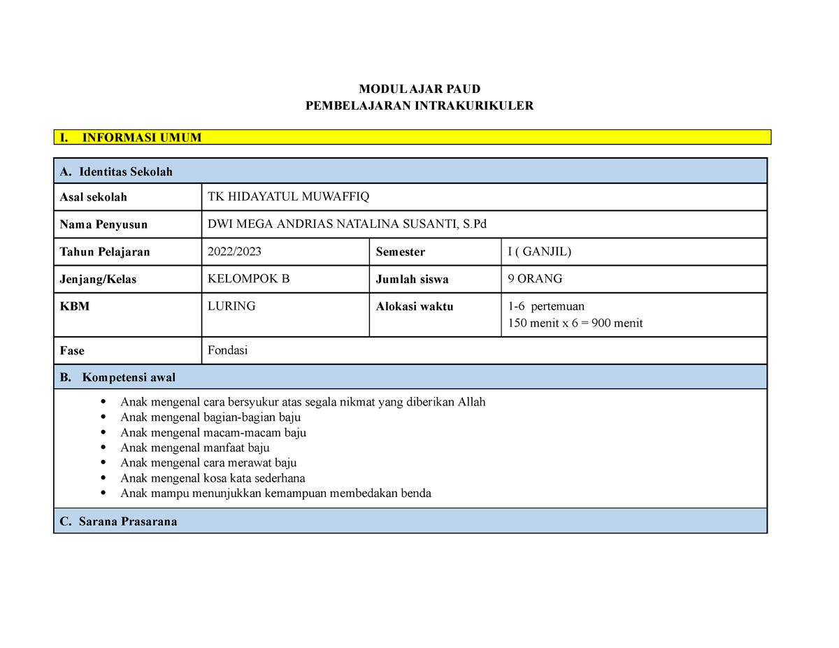 Penting - Contoh Rpph Satu Minggu Untuk Tk Atau Paud - MODUL AJAR PAUD ...