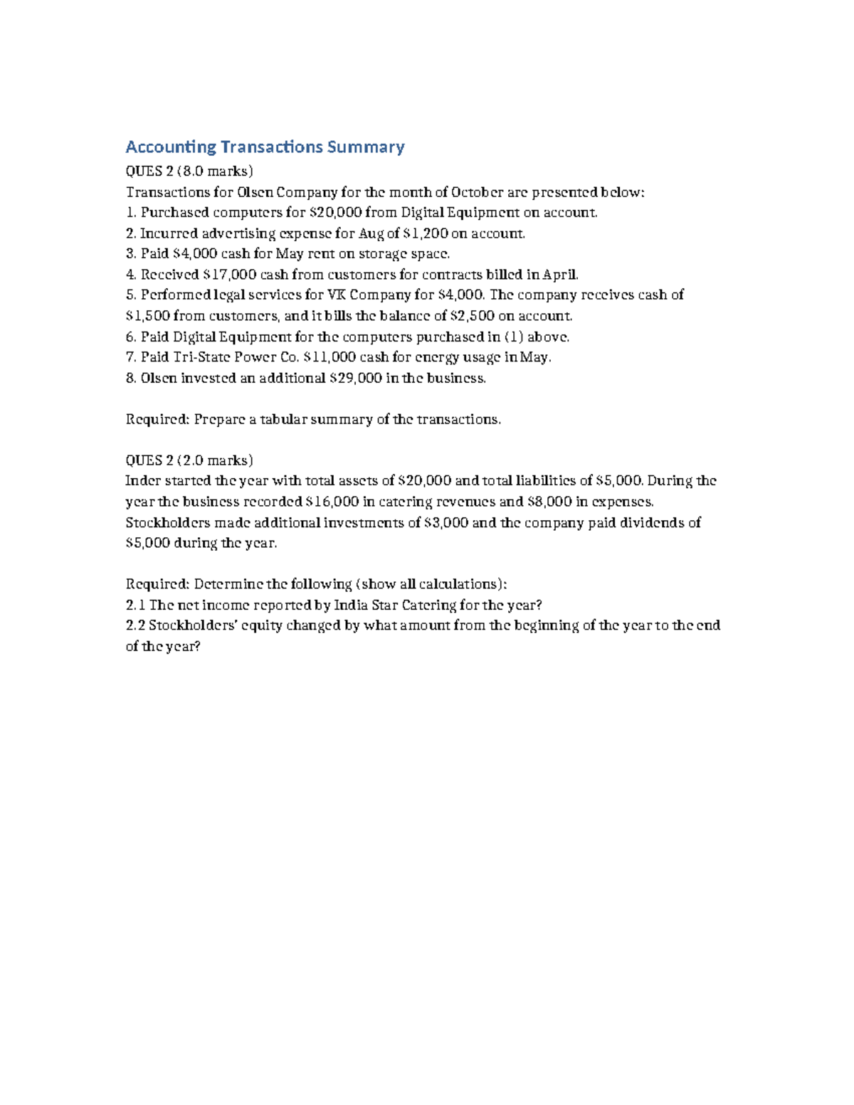 Accounting Transactions Summary Purchased computers for 20,000 from