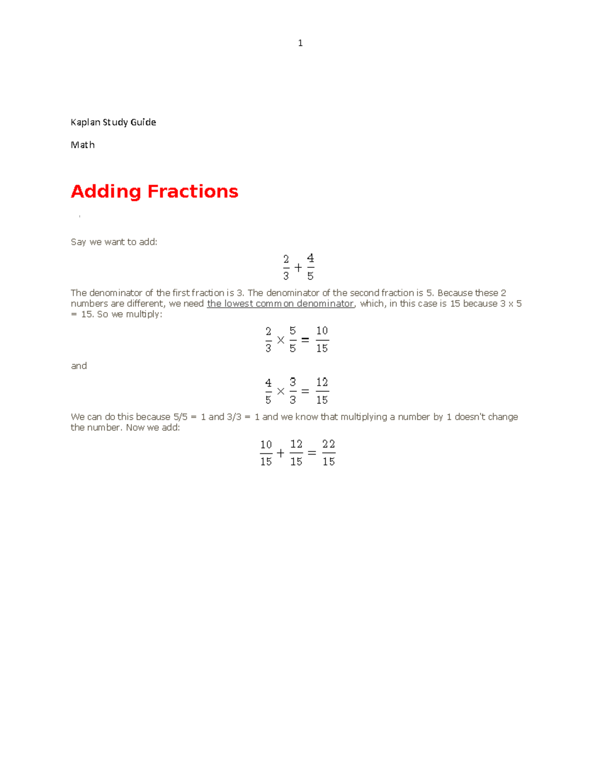 Kaplan Study Guide 1 - 1 Kaplan Study Guide Math Adding Fractions Say ...