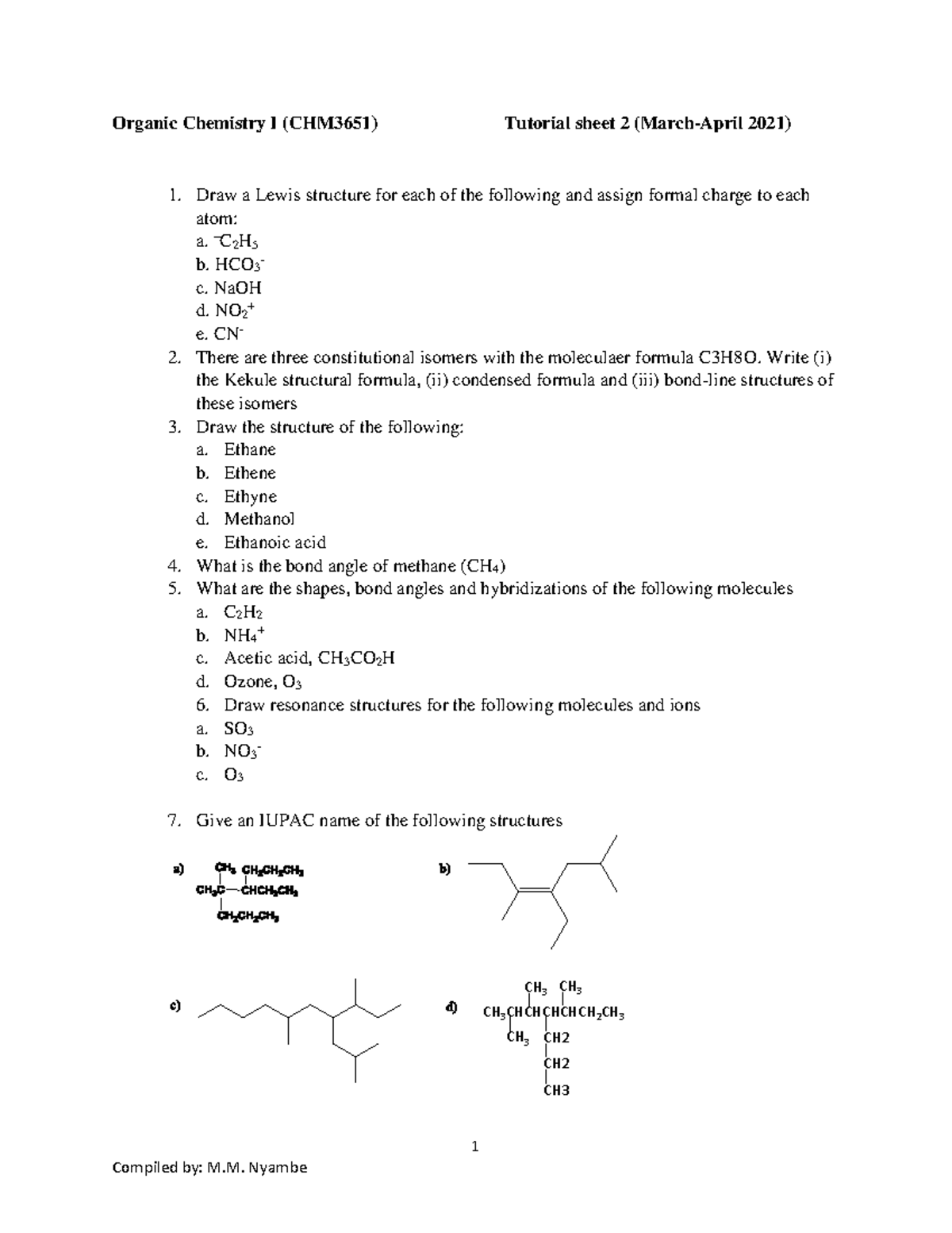 Tutorial Sheet 2organic Tutorial 2 1 Organic Chemistry I Chm3651 Tutorial Sheet 2 March April Studocu