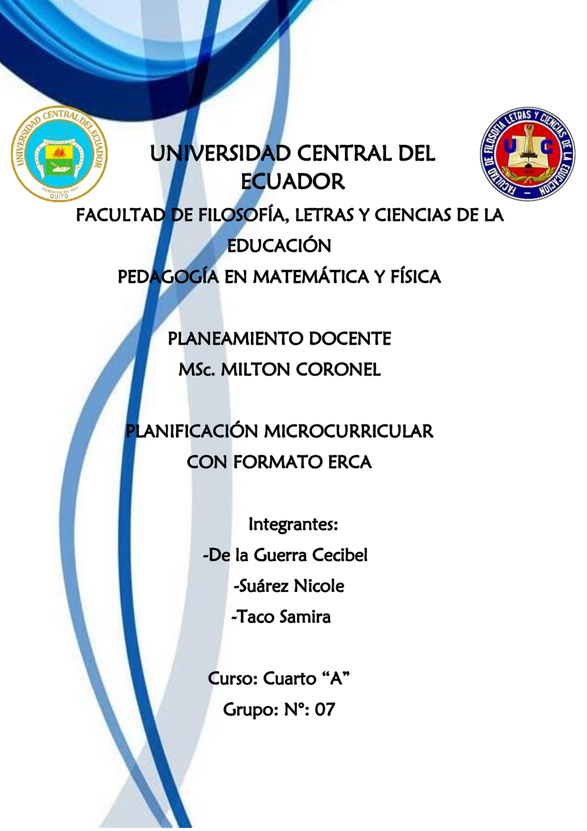 Planificacion Microcurricular con formato ERCA - UNIVERSIDAD CENTRAL DEL  ECUADOR FACULTAD DE - Studocu