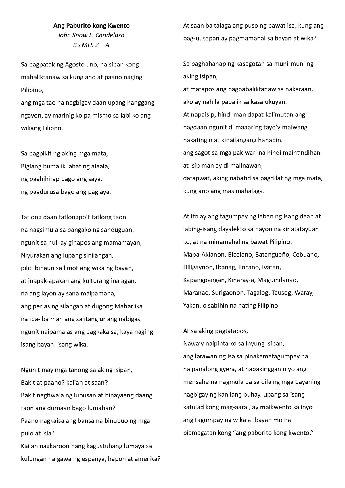 Spoken Poetry Buwan ng Wika - Ang Paburito kong Kwento John Snow L