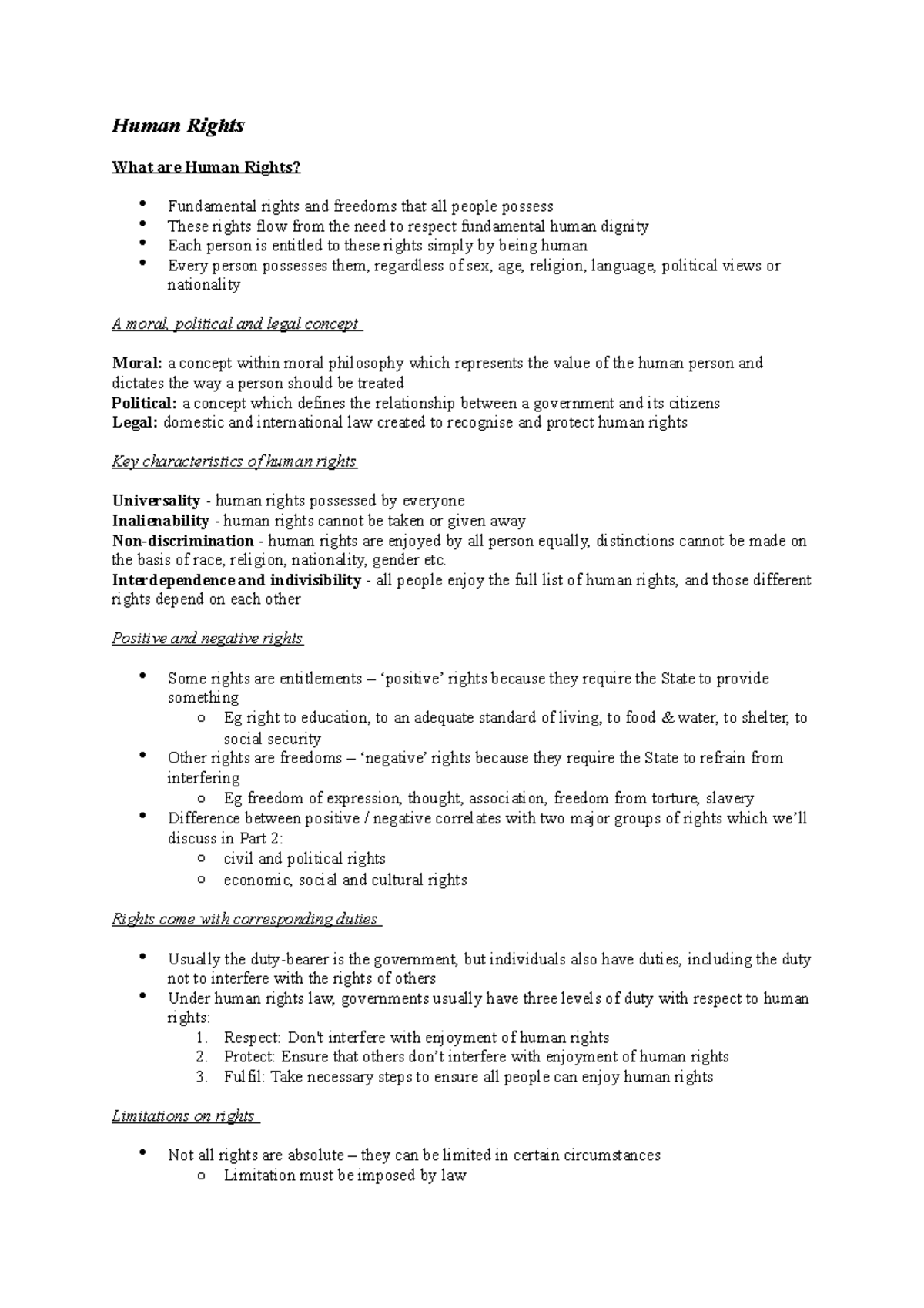 Week 4 Lecture Notes - Human Rights What are Human Rights? Fundamental ...