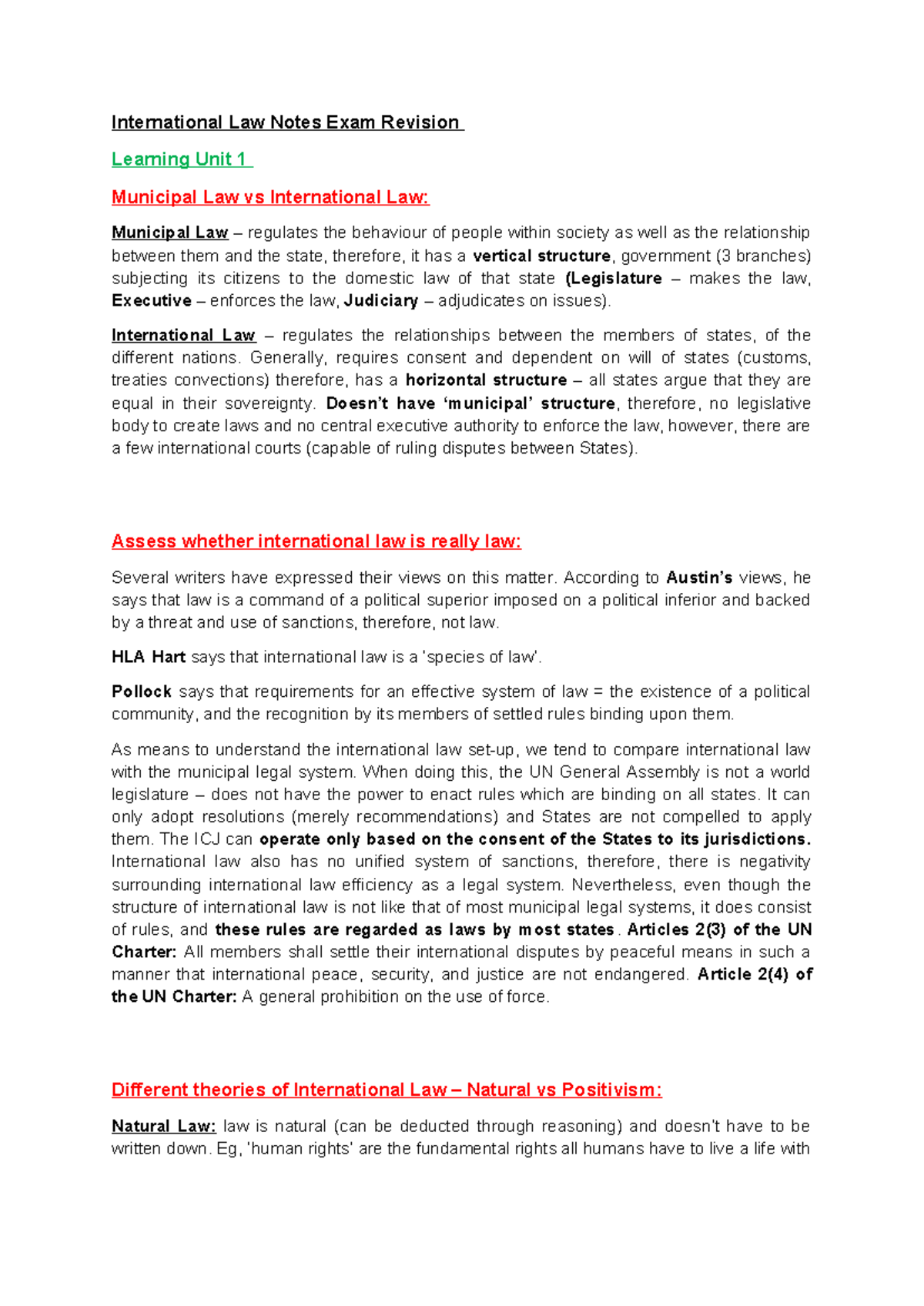 International Law Notes - International Law – regulates the ...