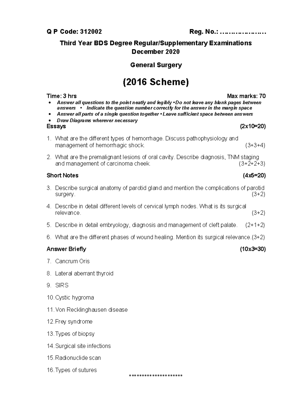 312002 Previous year question papers Q P Code 312002 Reg. No