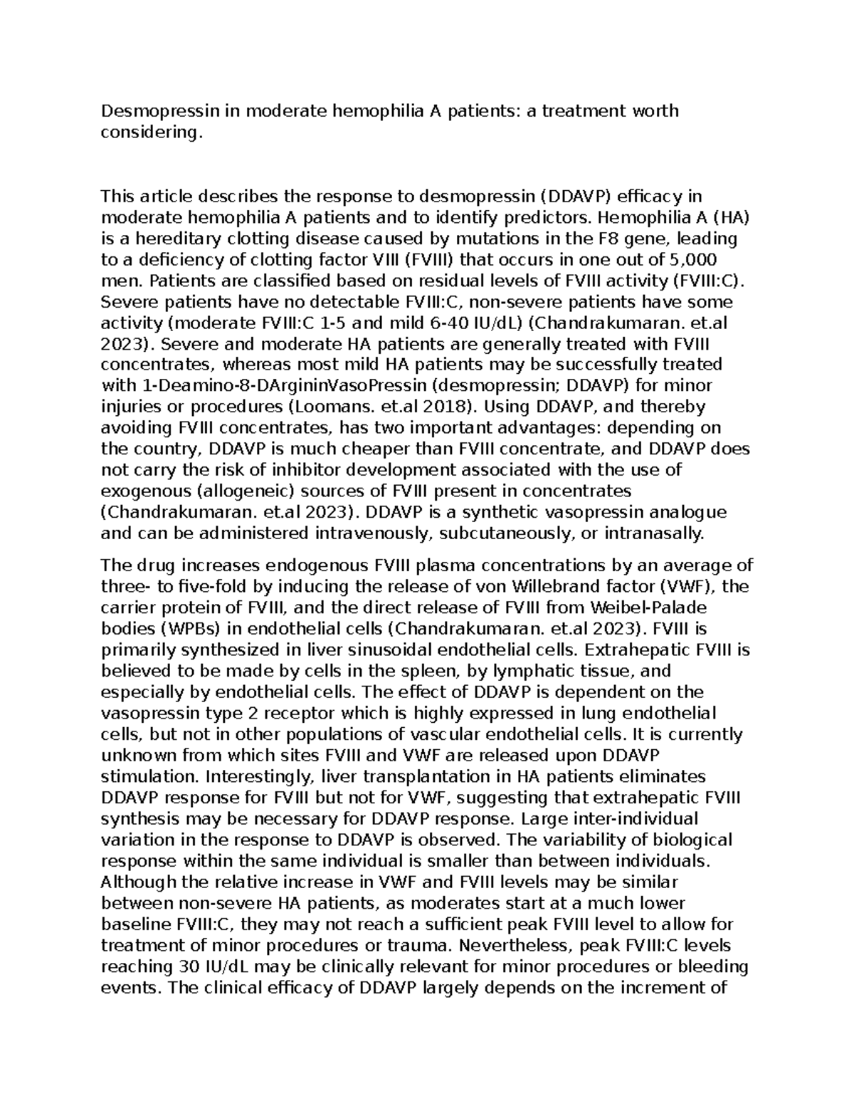 Desmopressin In Moderate Hemophilia A Patients This Article Describes