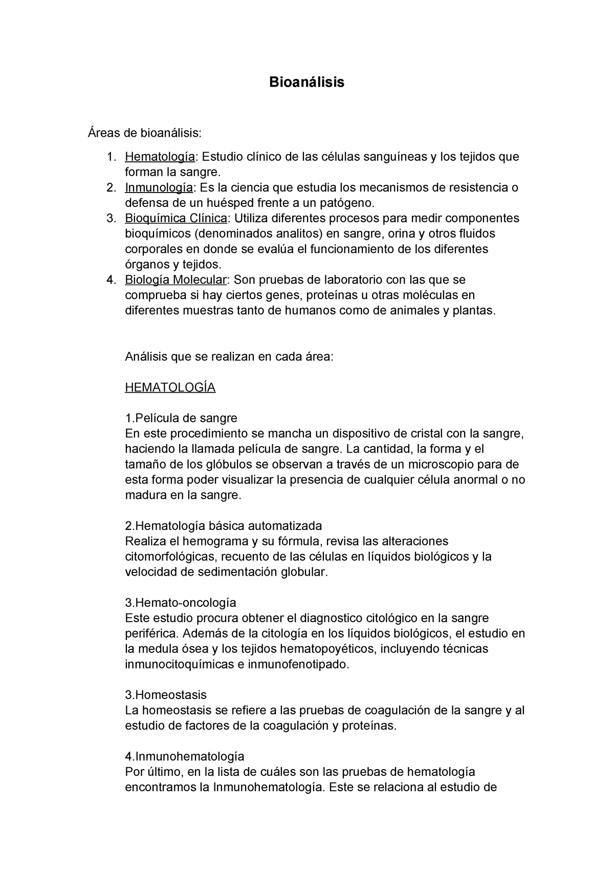 Bioanálisis - ,,, - Bioanálisis Áreas de bioanálisis: 1. Hematología ...