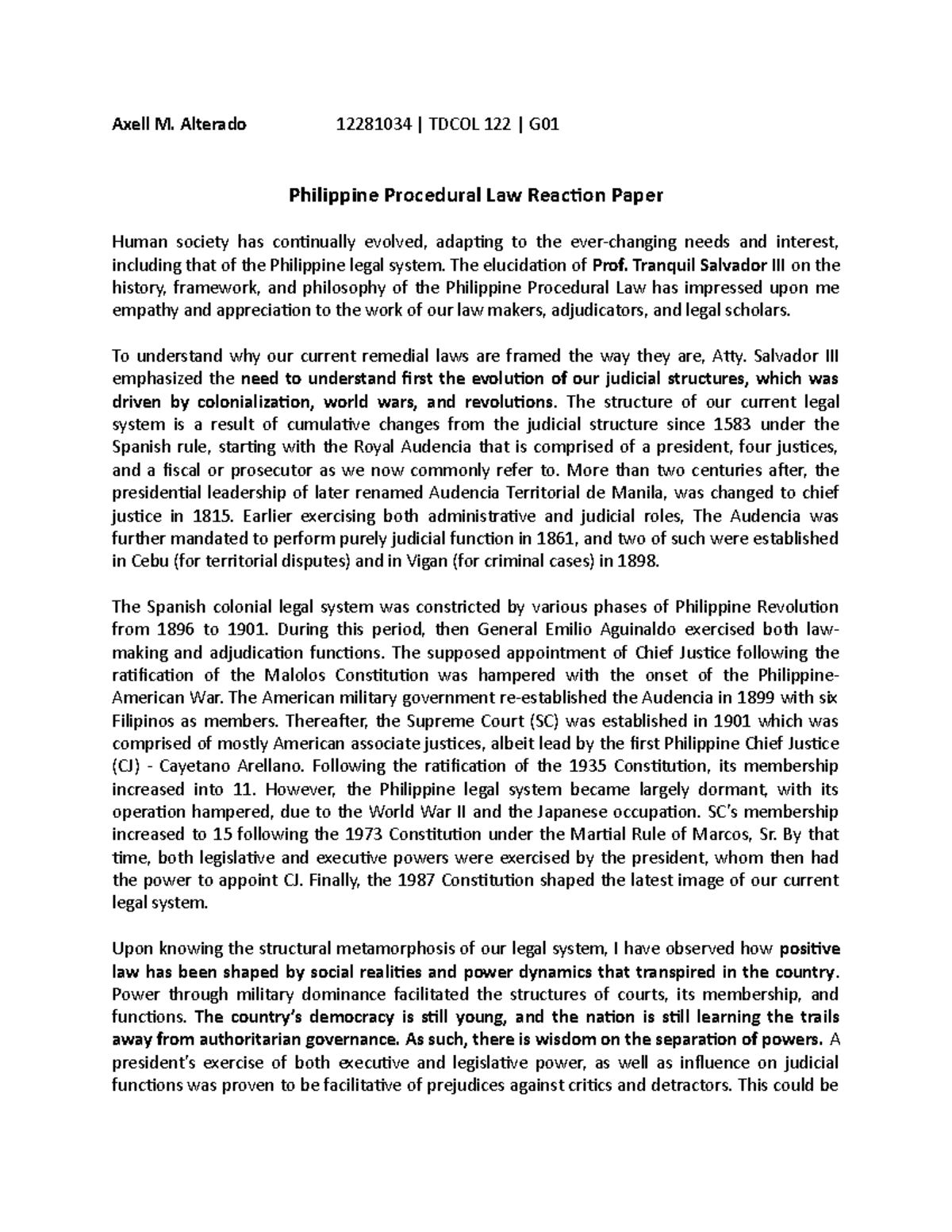 Alterado, Axell M Philippine Procedural Law Reaction Paper - Axell M ...