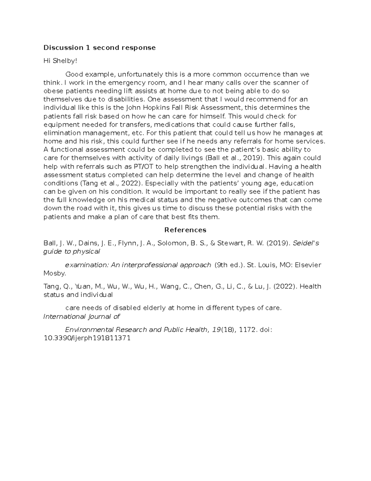 Week 1 Discussion response 2 - NURS 6512 - Walden - Studocu