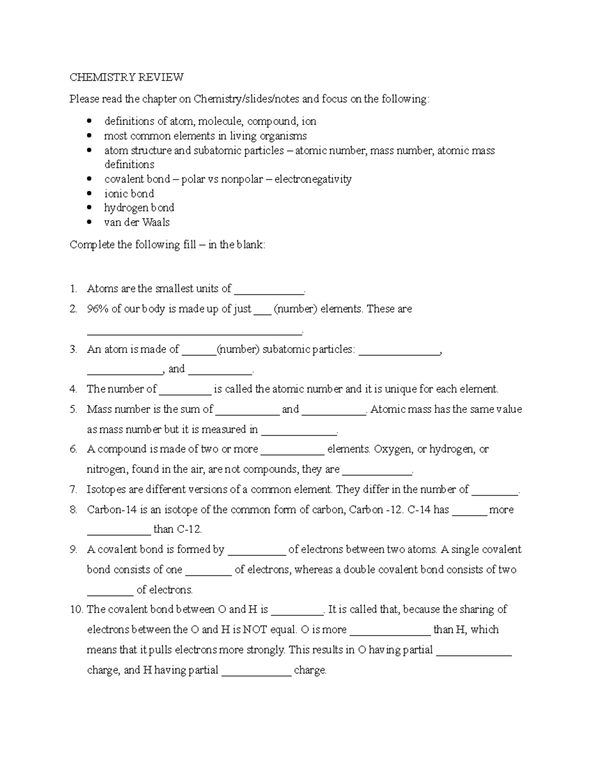 Chemistry Review - This Is An Assignment Done For My Biology Class 