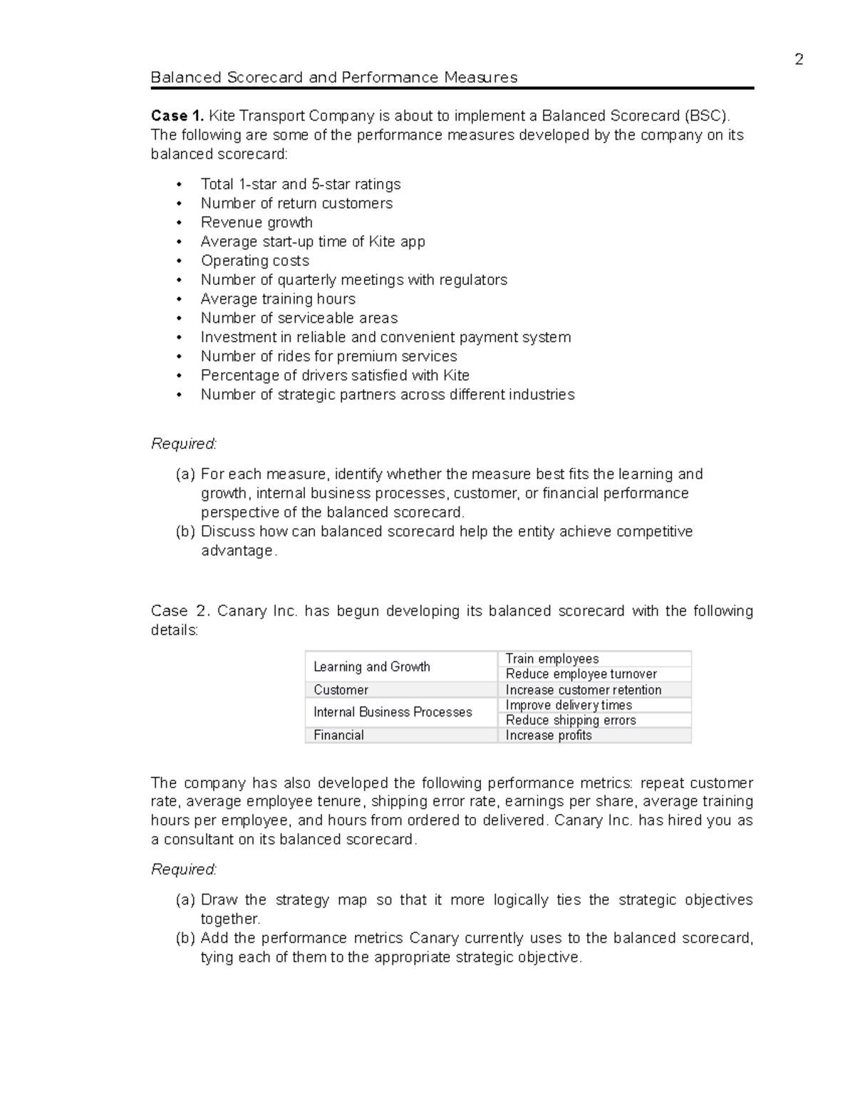 Balanced Scorecard and Performance Measures - Kite Transport Company is ...