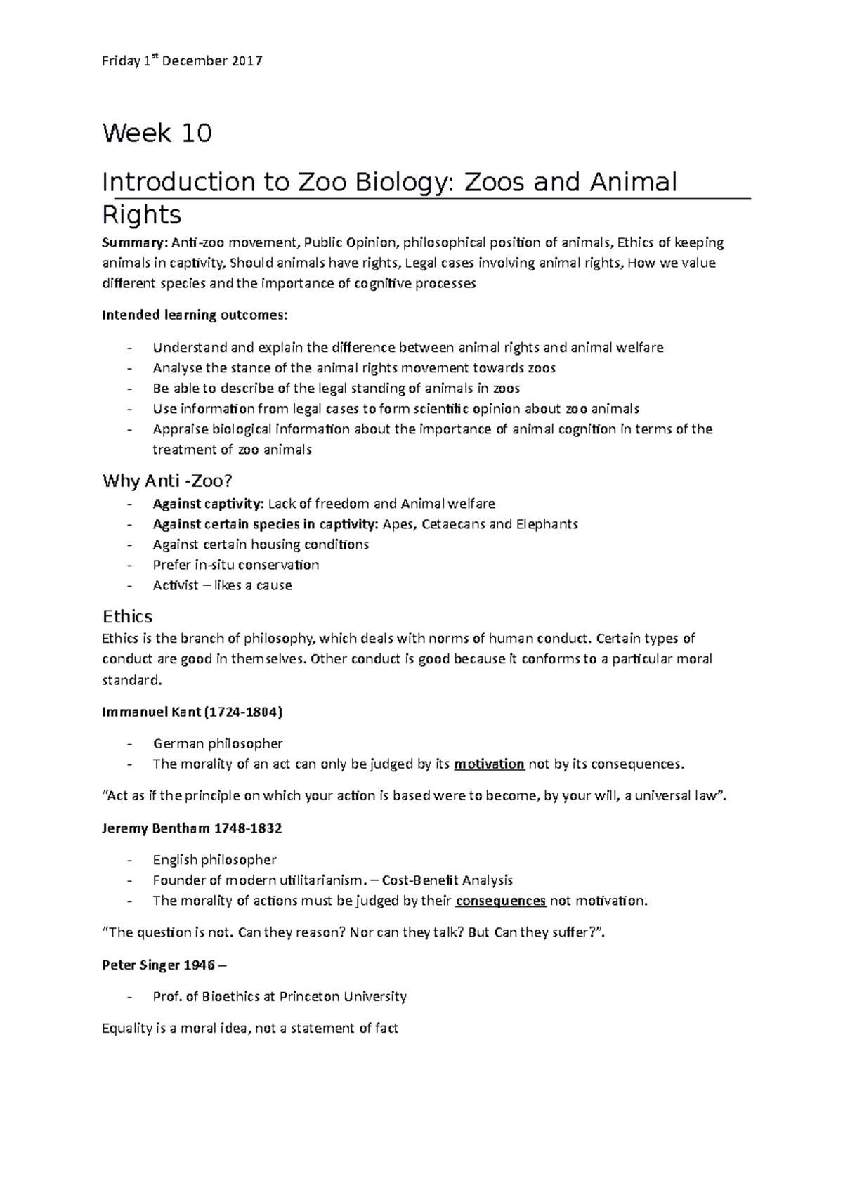 Week 10 - Zoos and Animal Rights - Week 10 Introduction to Zoo Biology ...