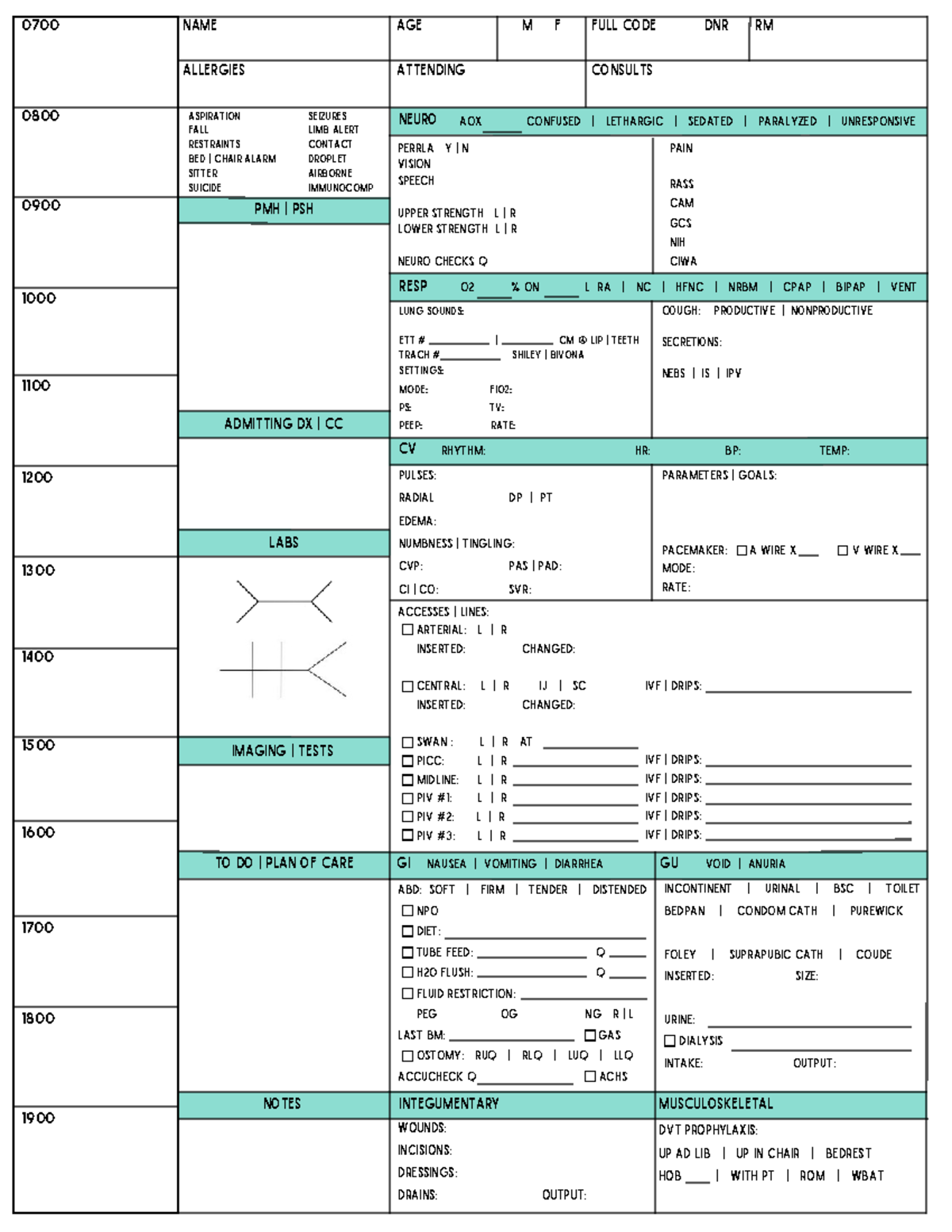 Five Colors ICUReport Sheet Hourly - LABS lung sounds: ett # | cm @ lip ...