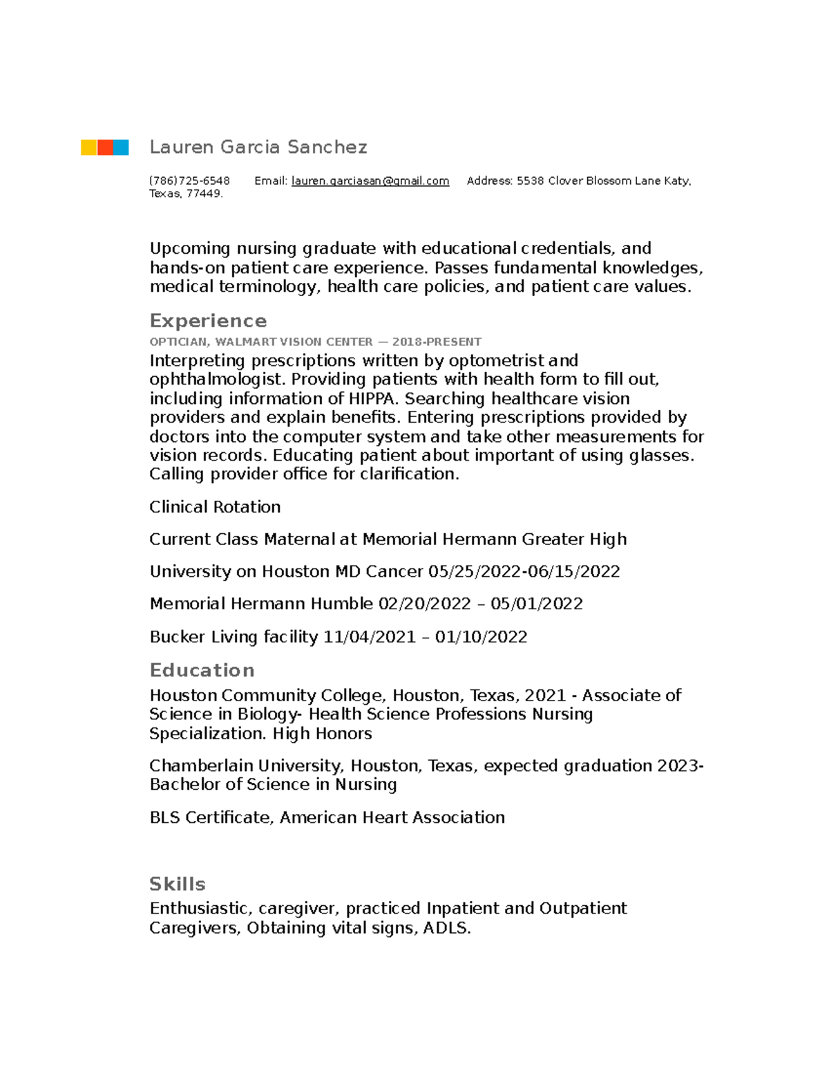 Resume - Lauren Garcia Sanchez (786)725-6548 Email: lauren@gmail Address:  5538 Clover Blossom Lane - StuDocu