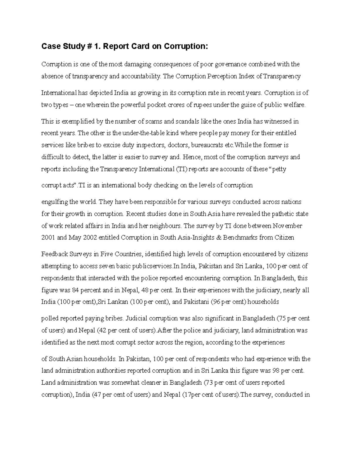 CASE- Study-3 - Case study - Case Study # 1. Report Card on Corruption ...