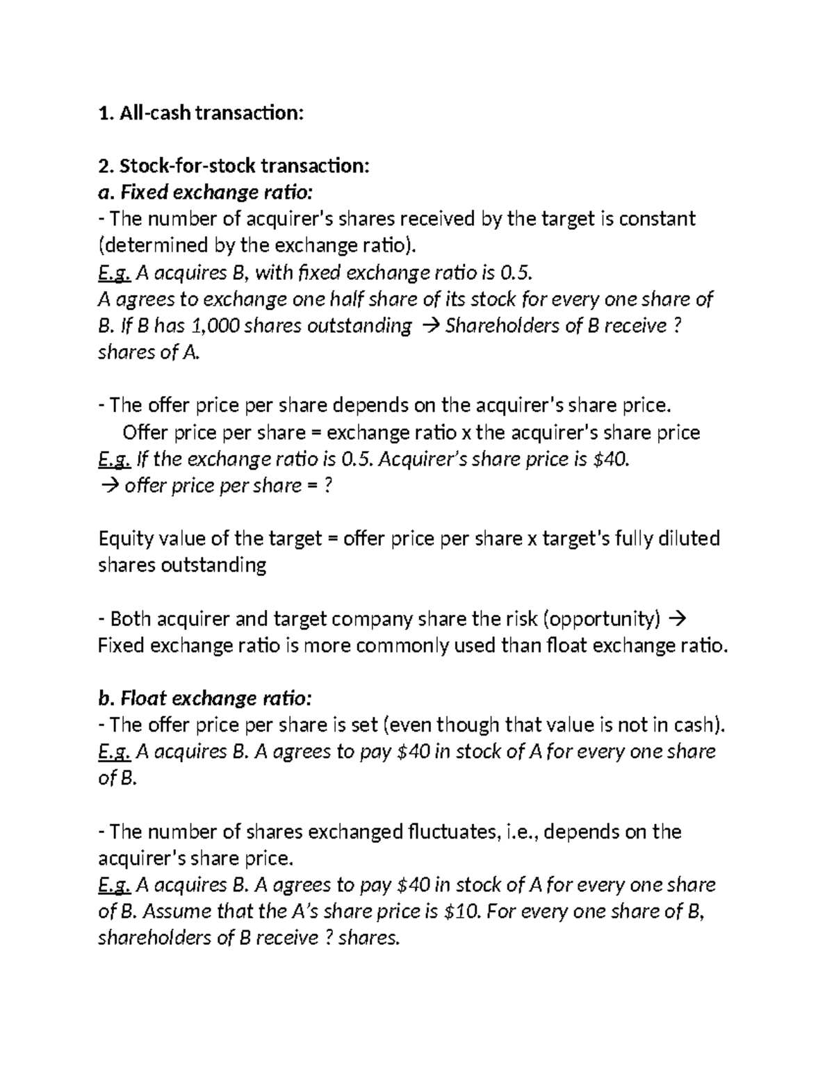 Explanation Lecture 4 - 1. All-cash transaction: 2. Stock-for-stock ...