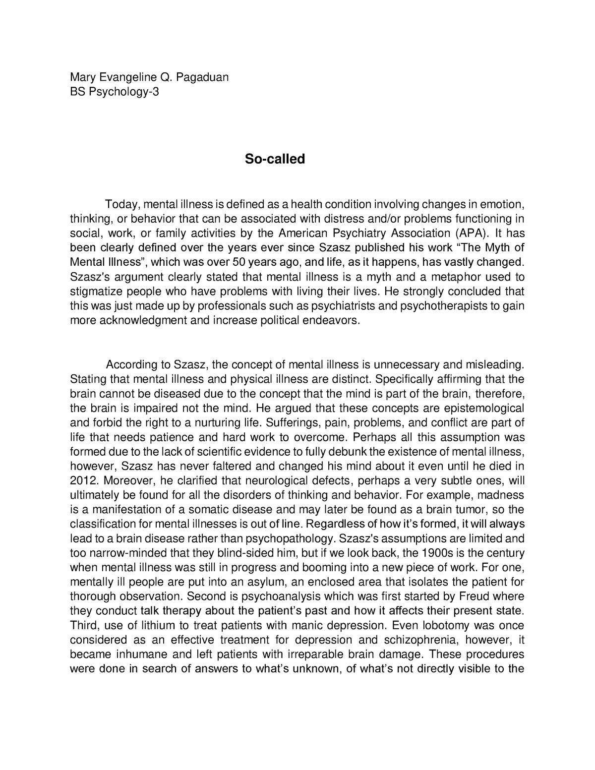 Insight on Szasz Mental illness is a myth - Mary Evangeline Q. Pagaduan ...