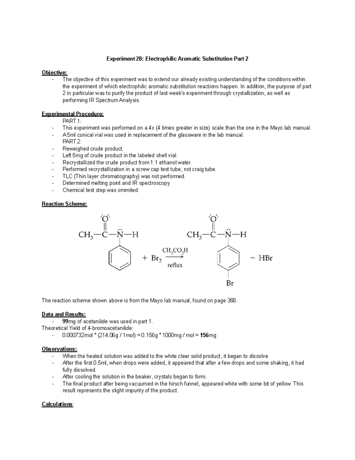 Organic Chemistry 2 Lab 3 - Experiment 28: Electrophilic Aromatic ...