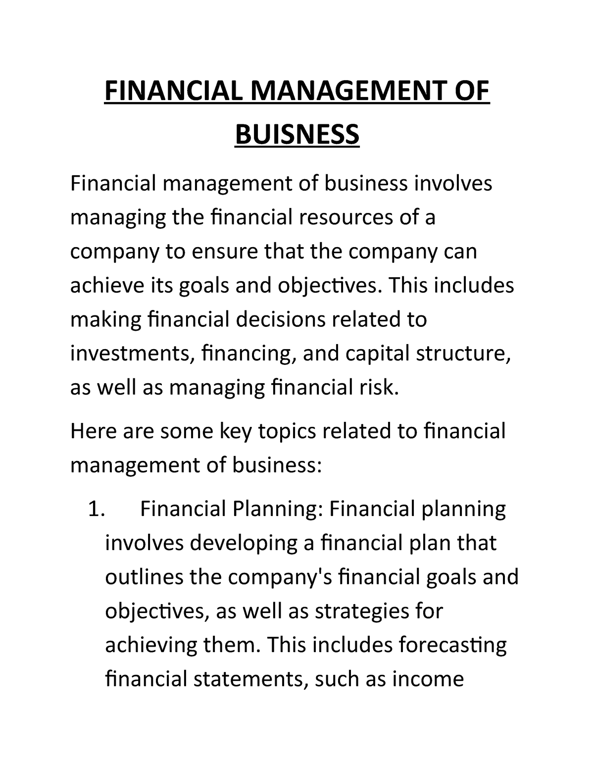 Financial Management OF Buisness - FINANCIAL MANAGEMENT OF BUISNESS ...