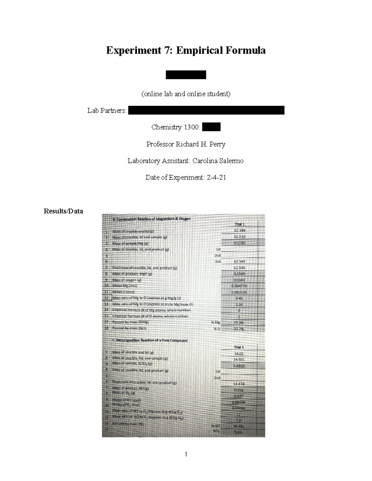 Lab Report 7 Empirical Formula - Experiment 7: Empirical Formula Jayson ...