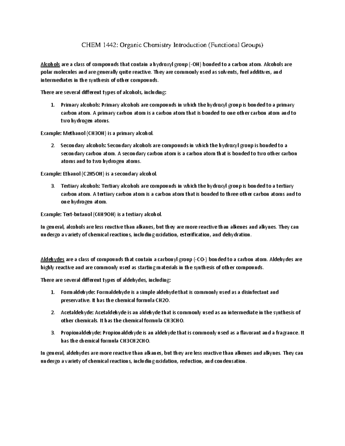 Functional Groups In Organic Chemistry Chem 1442 Organic Chemistry Functional Groups In Organic Chemistry Chem 1442 Organic Chemistry