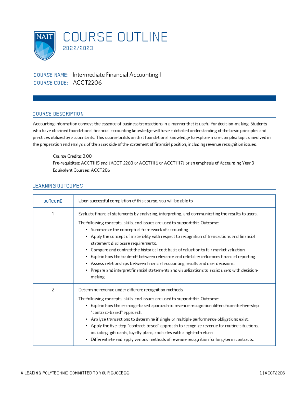 Course Outline ACCT2206 - 2022 - COURSE OUTLINE 2022/ COURSE NAME ...