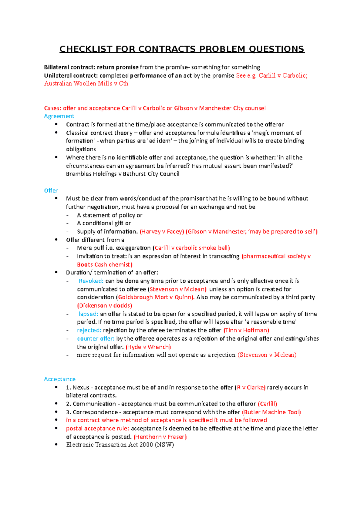 Checklist FOR Contracts Problem Questions - CHECKLIST FOR CONTRACTS ...