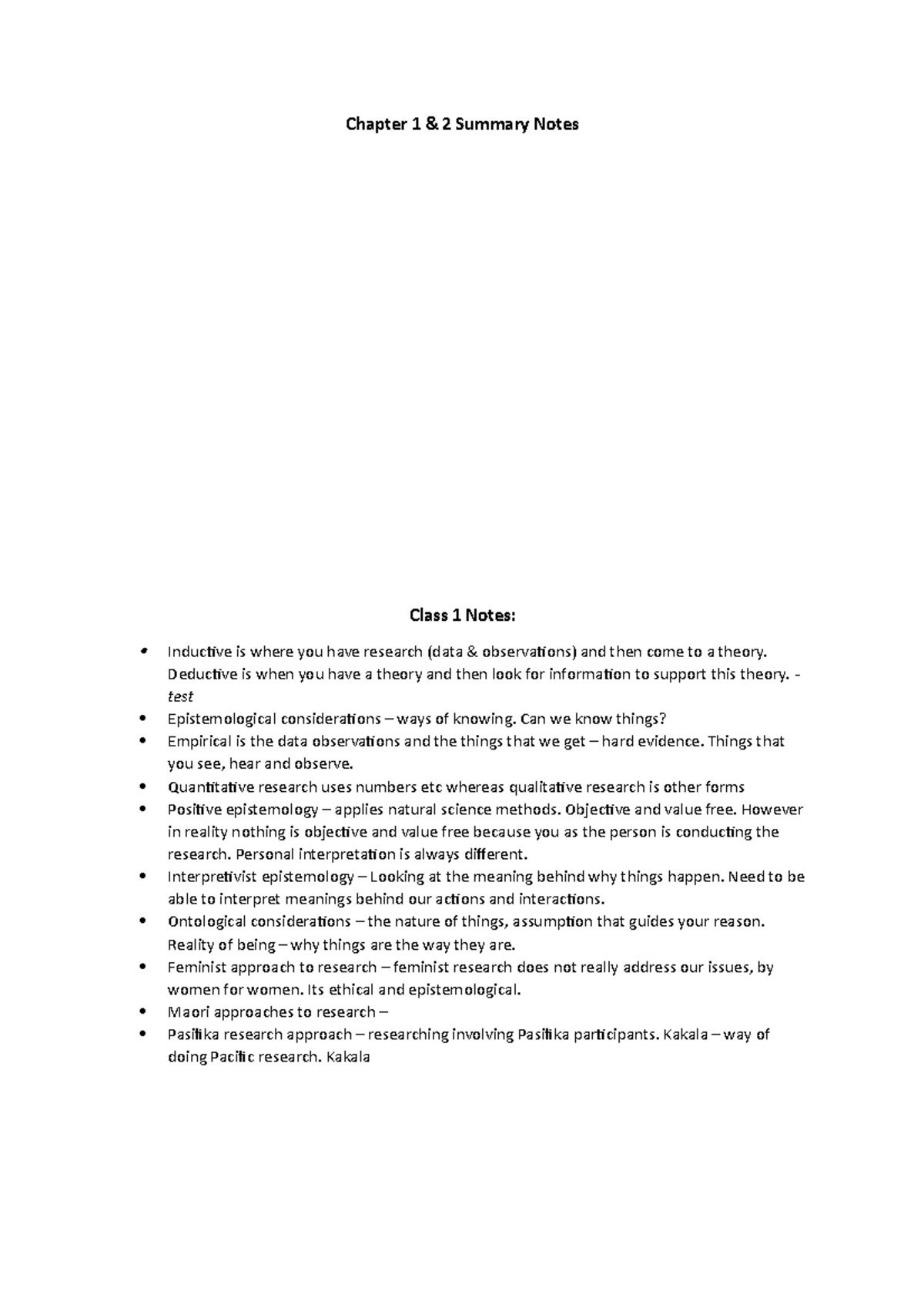 Notes 1 - Chapter 1 & 2 Summary Notes Class 1 Notes: Inductive is where ...