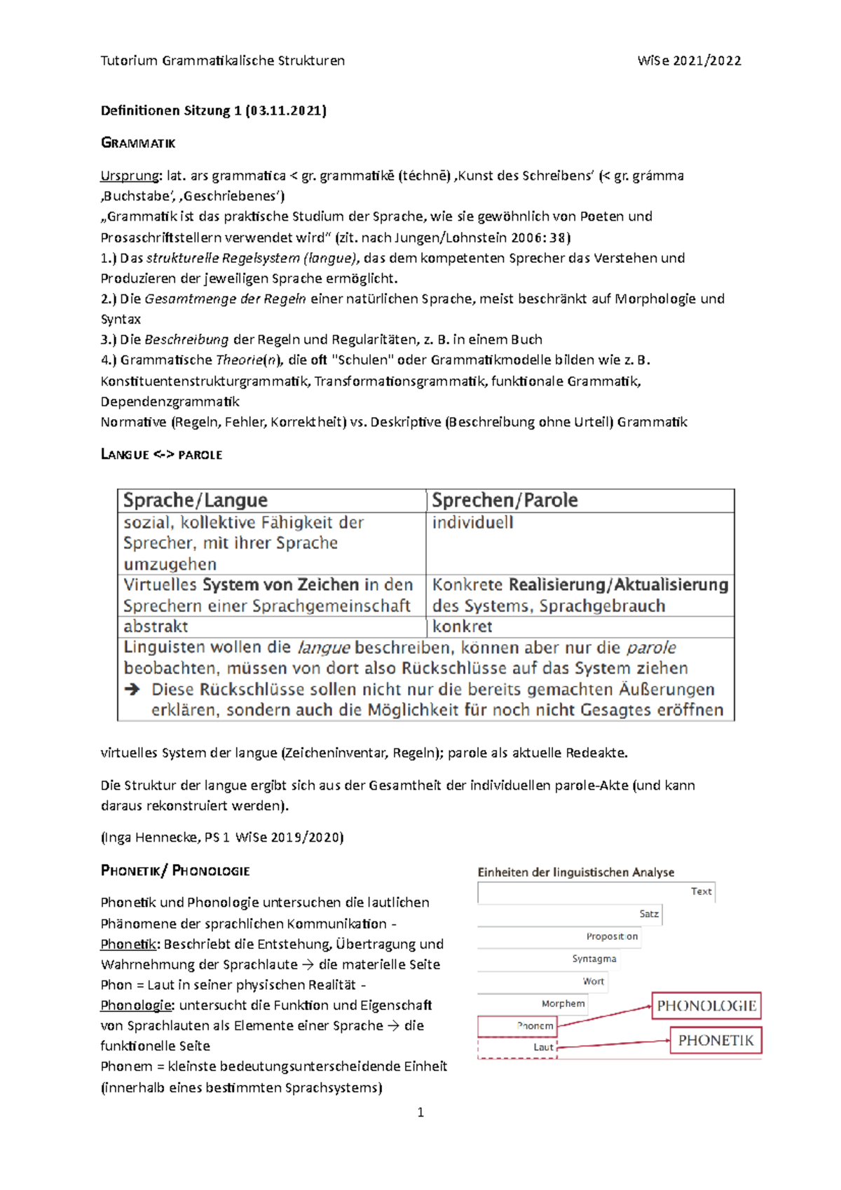 Definitionen gramm Strukturen Sitzung 1 Tutorium Grammatikalische