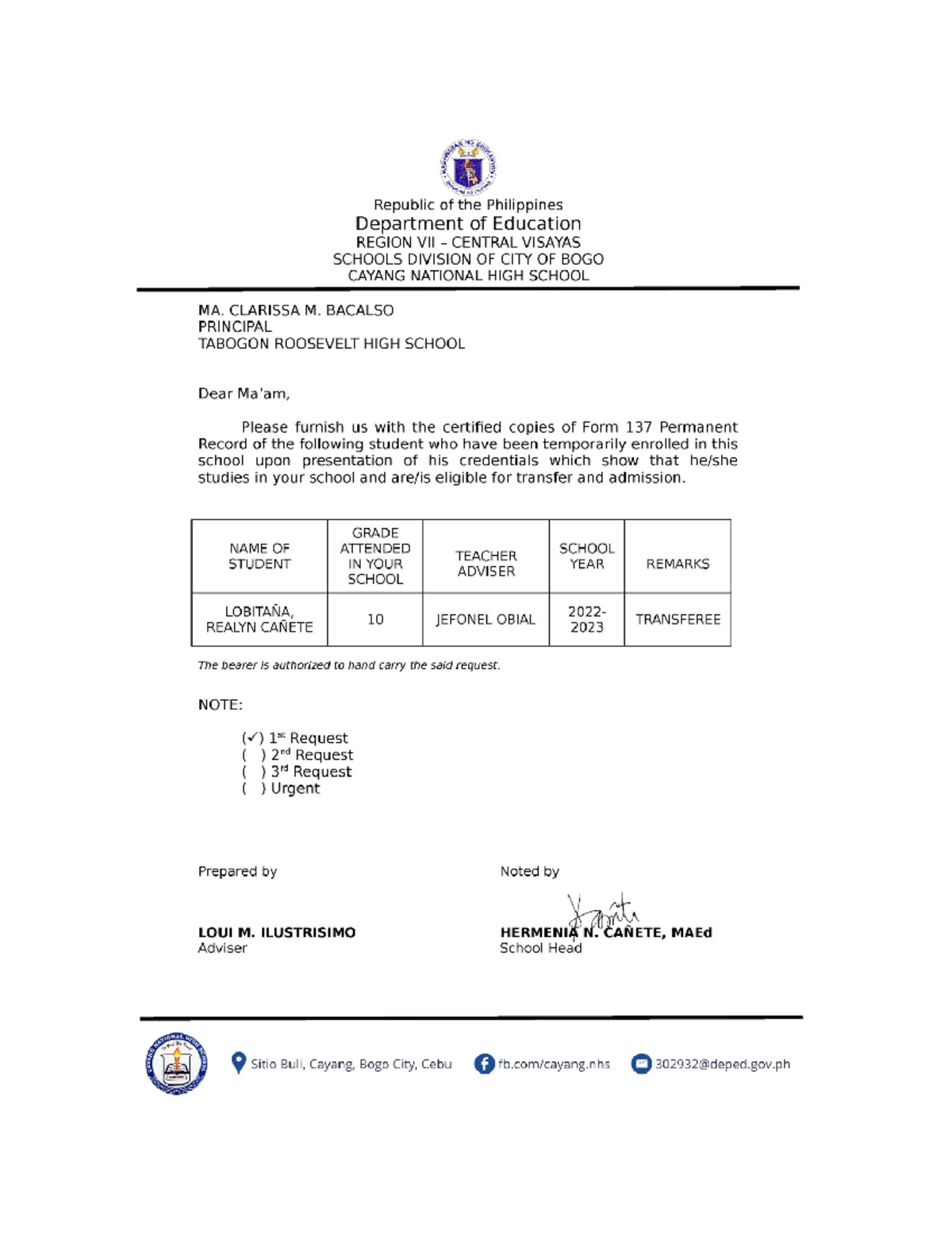 SF10 Request - AN NG DEPARTMENT SECURITY Republic of the Philippines ...