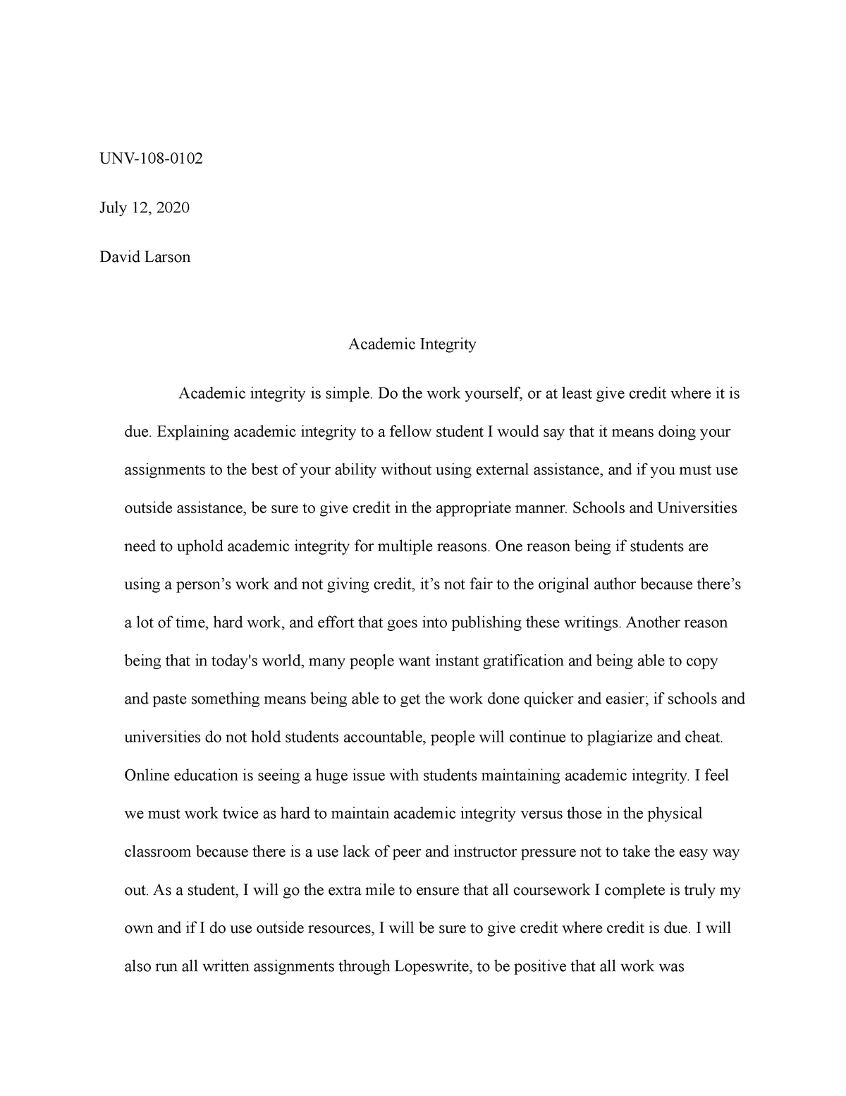 academic integrity essay example