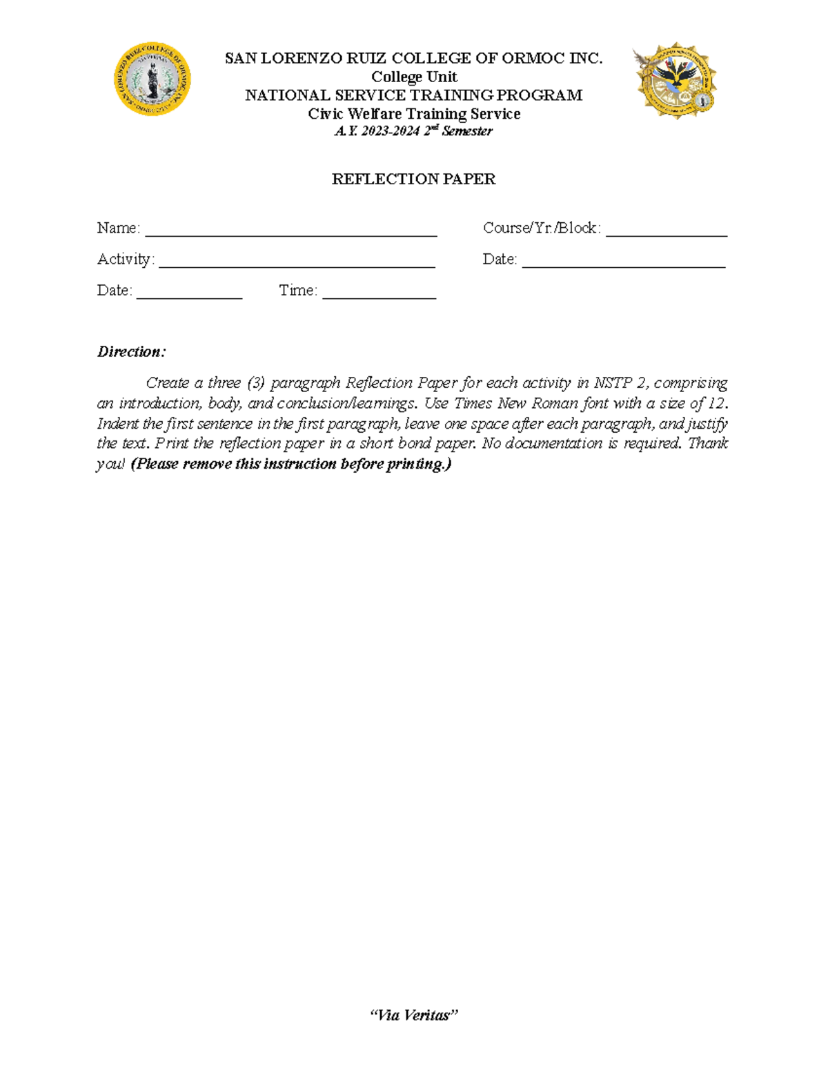 Reflection Paper Format 24 - SAN LORENZO RUIZ COLLEGE OF ORMOC INC ...