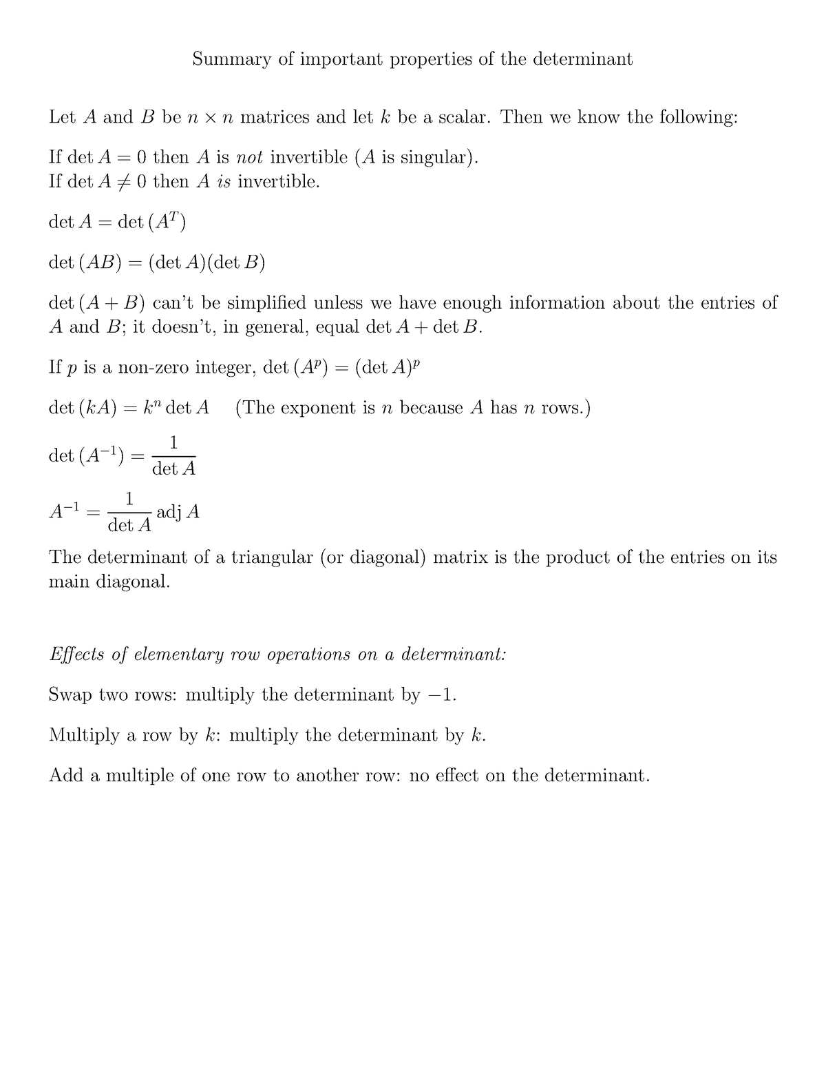 Determinant Properties Summary Of Important Properties Of The Determinant Let A And B Be N × N 6458