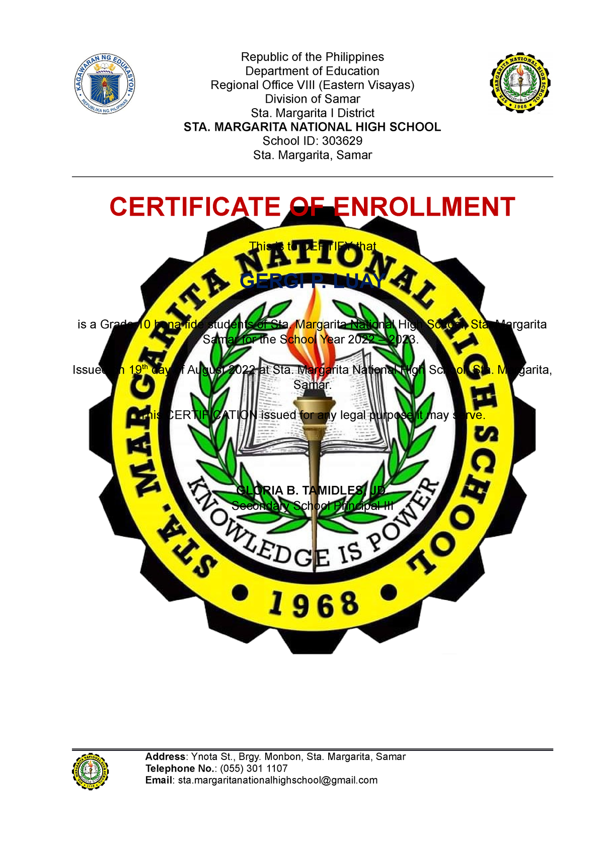 Certifiation - Republic of the Philippines Department of Education ...