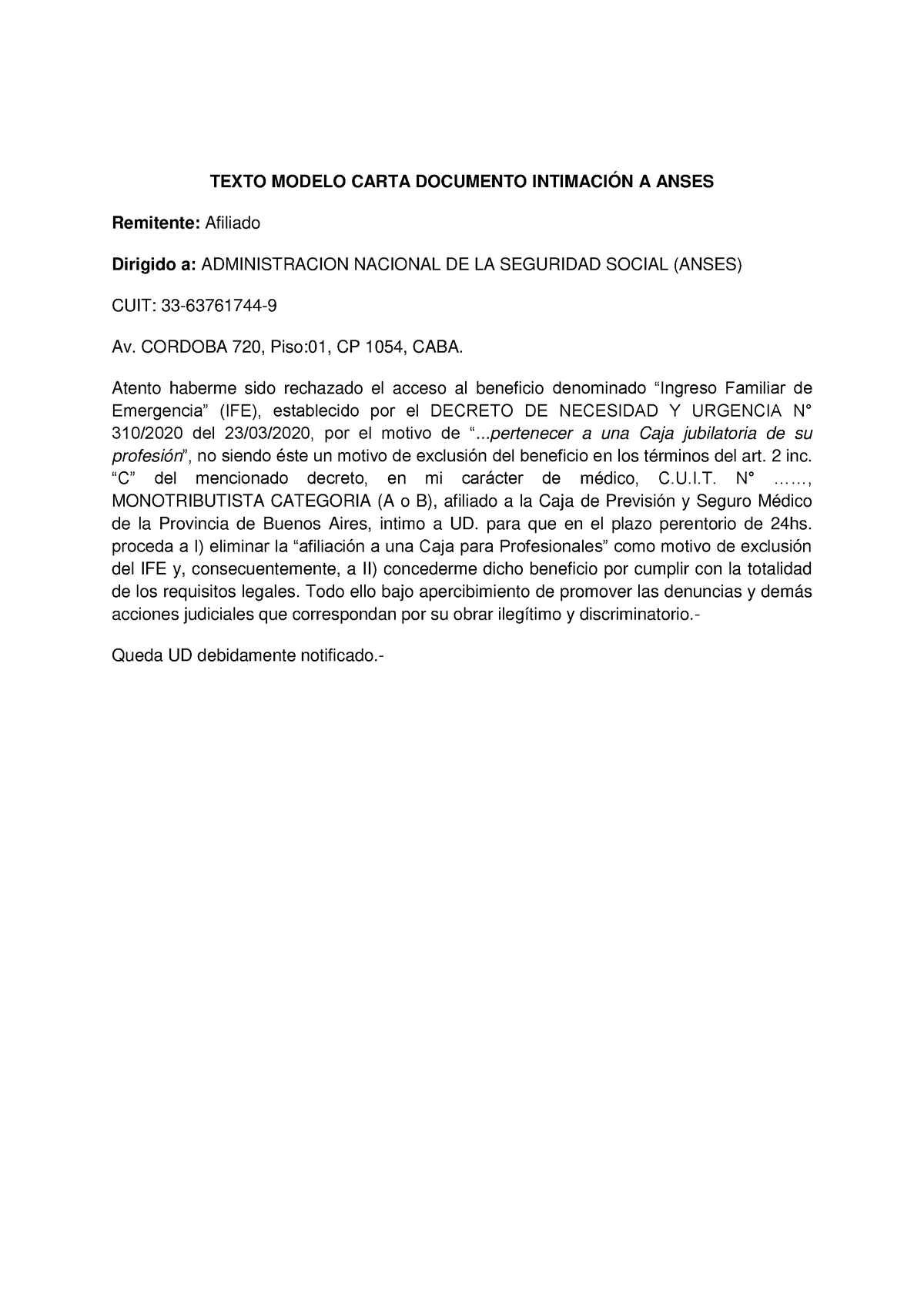 Texto Modelo Intimacion A Anses Texto Modelo Carta Documento IntimaciÓn A Anses Remitente 1414