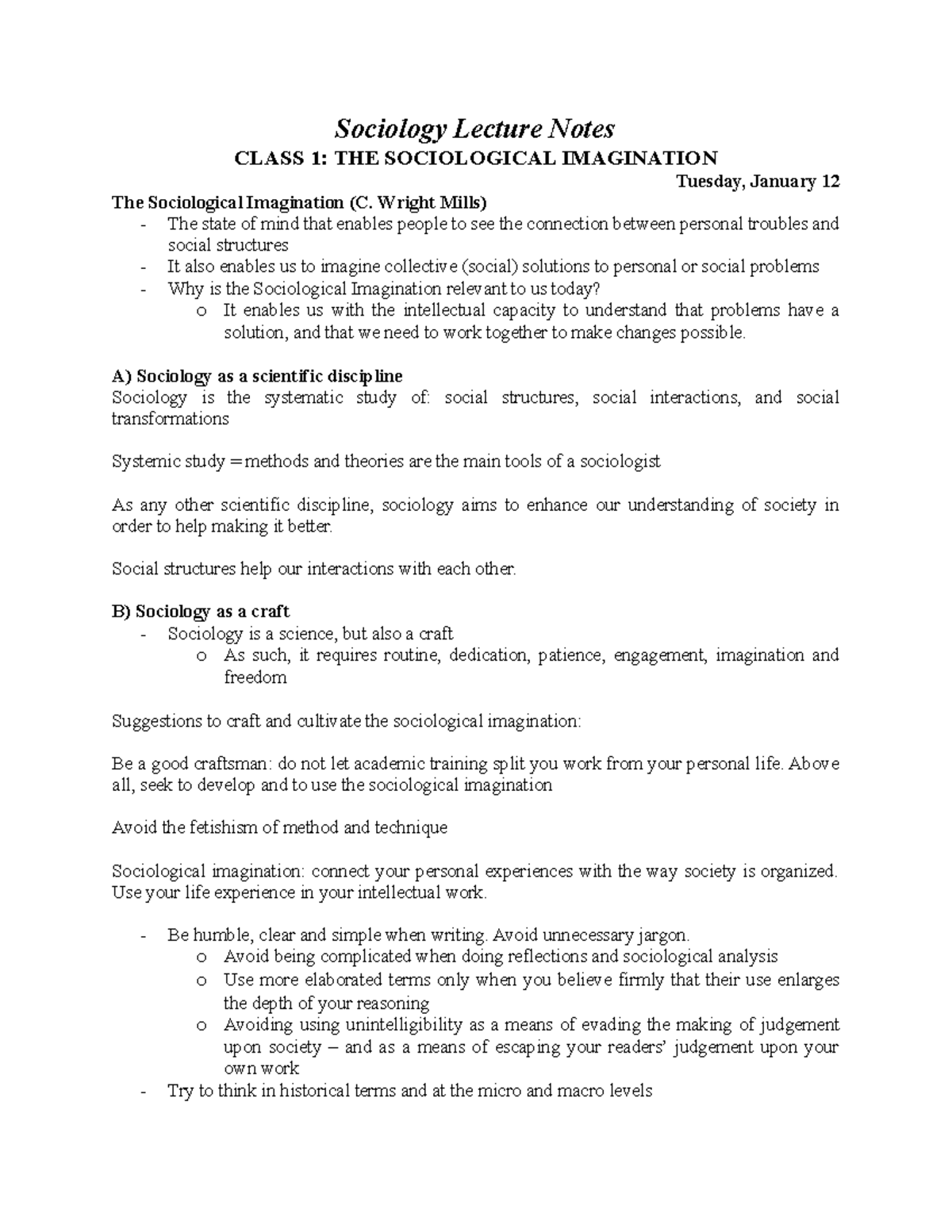 SOCI1002 Lecture Notes - Sociology Lecture Notes CLASS 1: THE ...