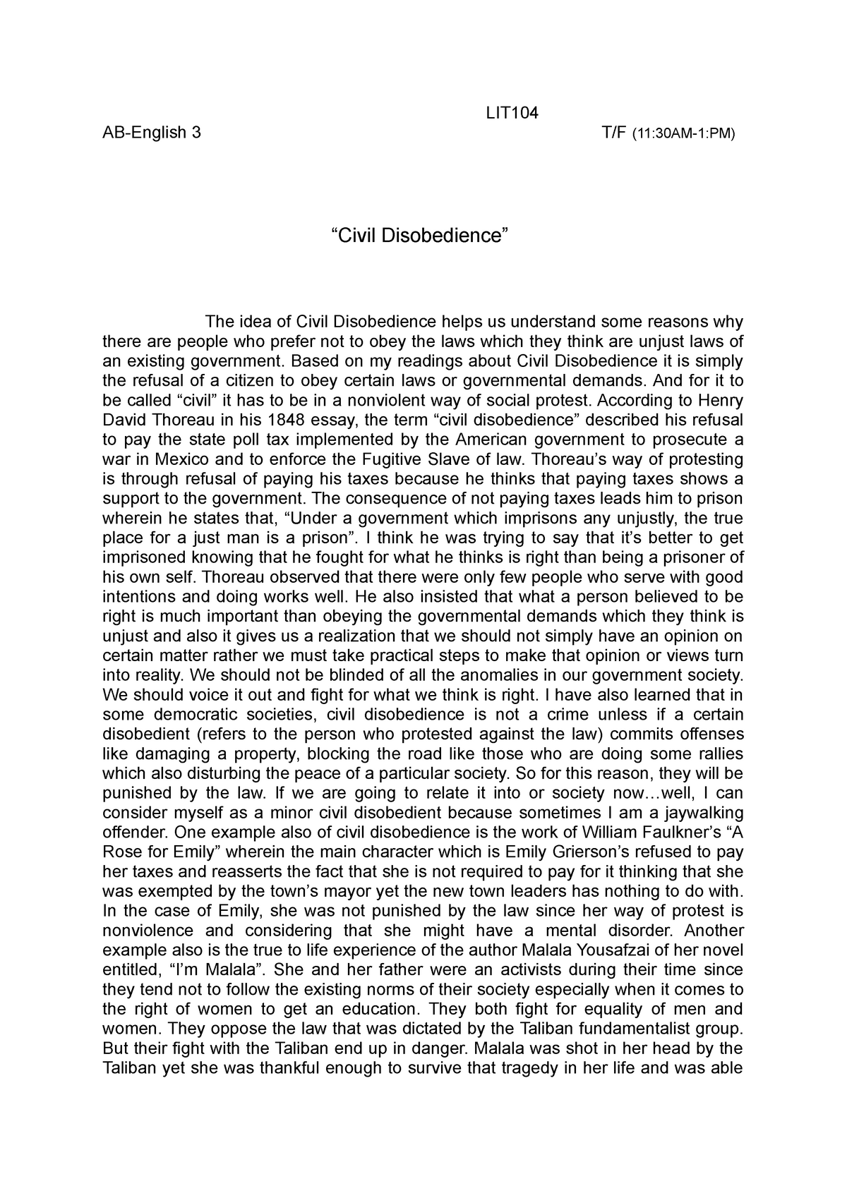 civil disobedience discussion essay
